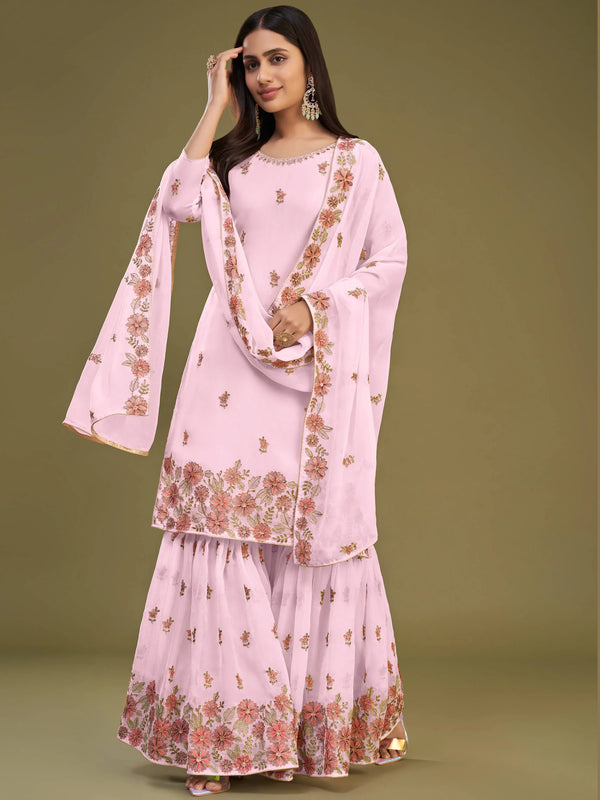Alluring Pink Embroidered Georgette Party Wear Sharara Suits - Zeel Clothing