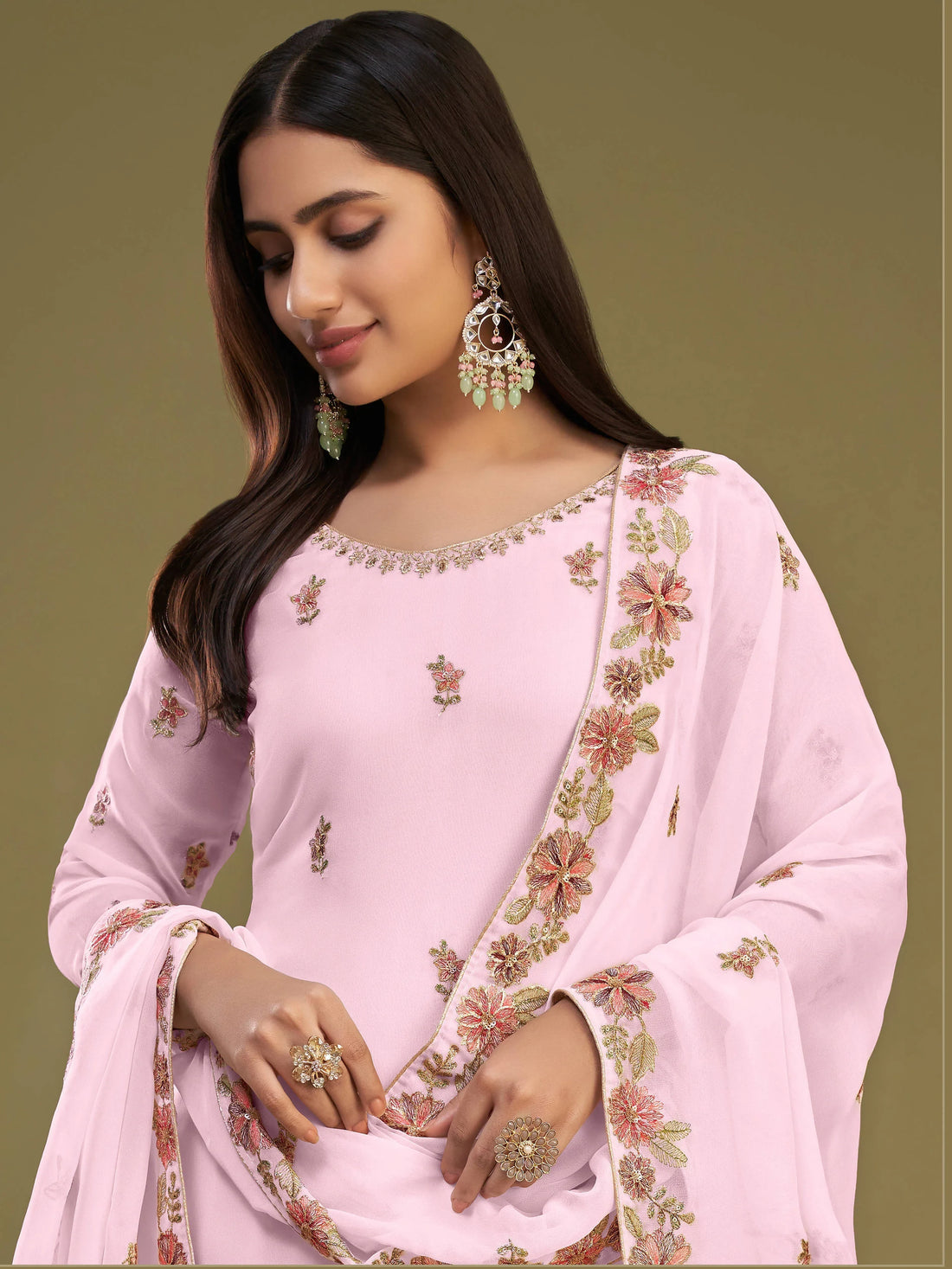 Alluring Pink Embroidered Georgette Party Wear Sharara Suits - Zeel Clothing