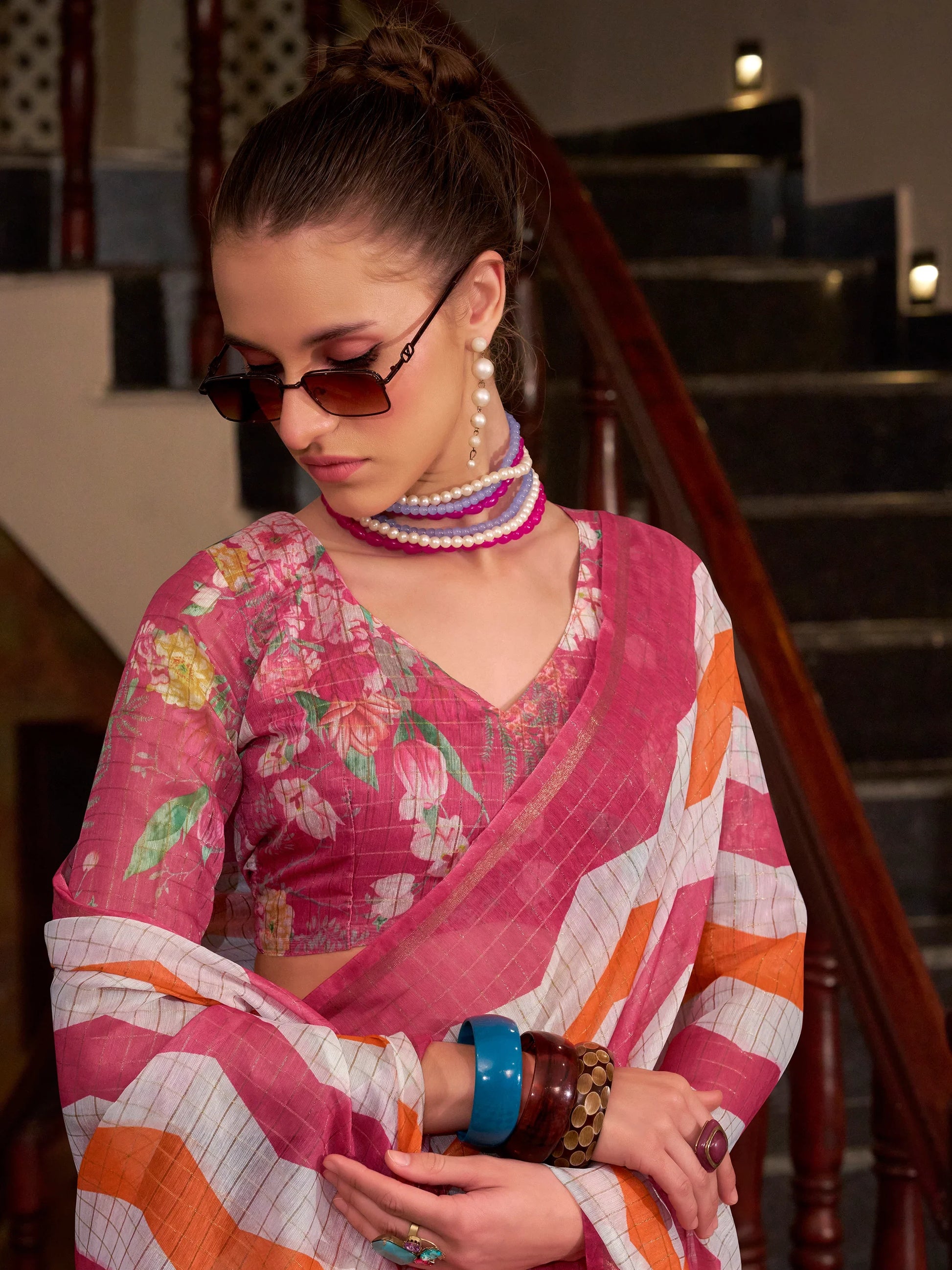 Alluring Pink Floral Printed Cotton Casual Wear Saree With Blouse - Zeel Clothing