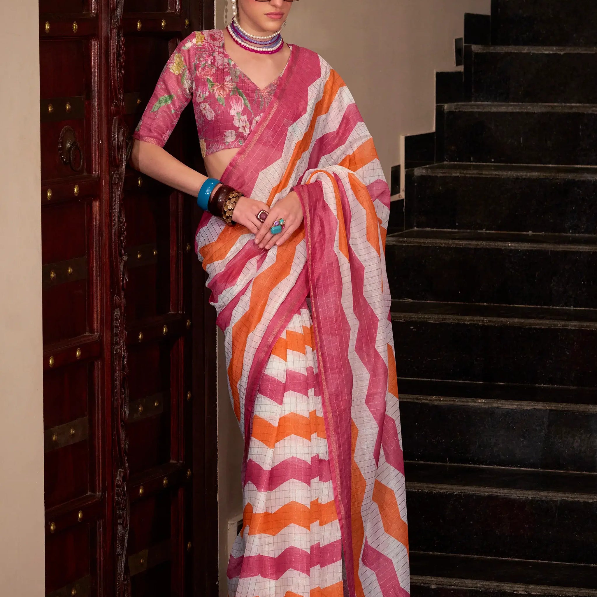 Alluring Pink Floral Printed Cotton Casual Wear Saree With Blouse - Zeel Clothing