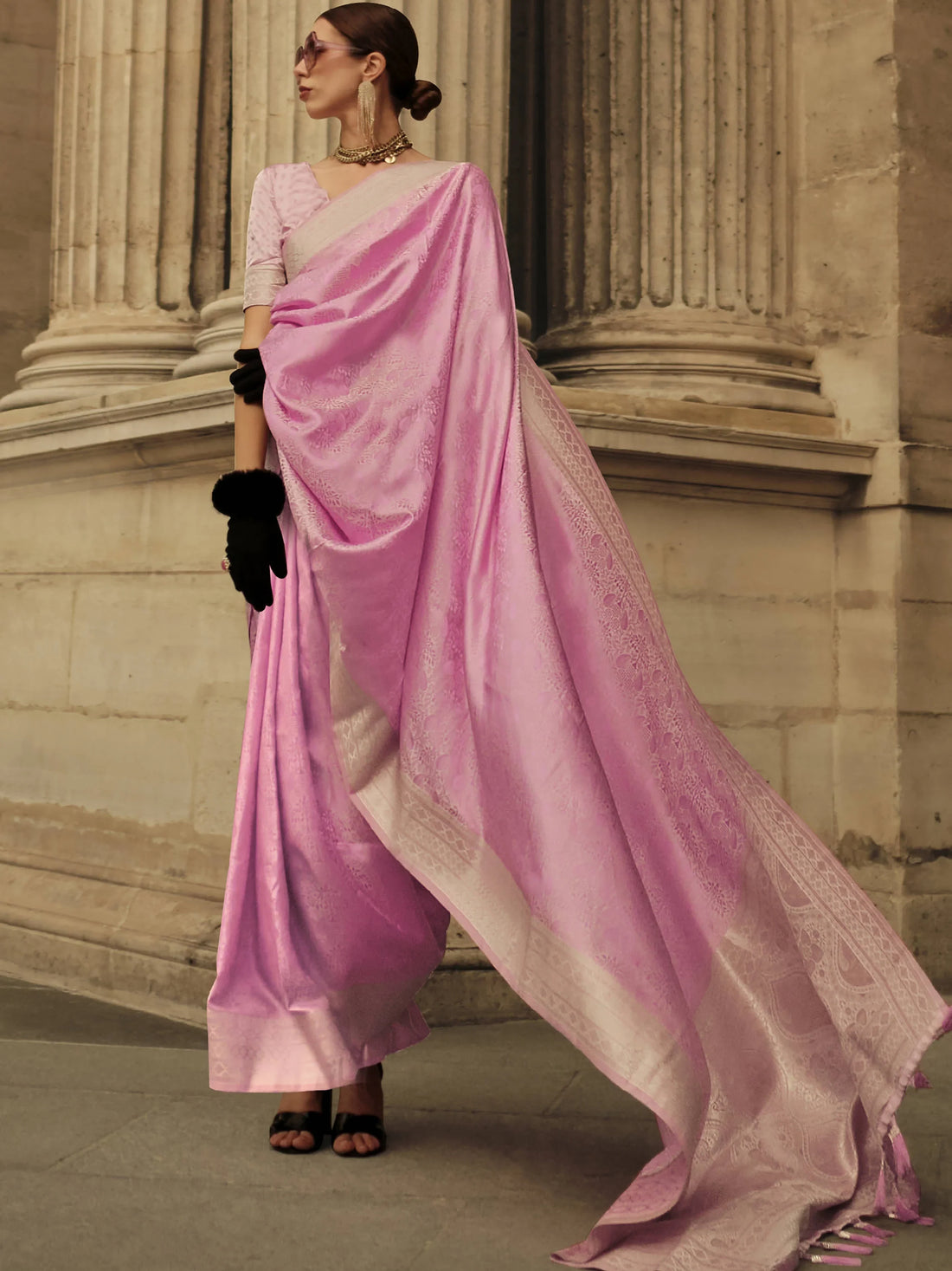 Alluring Pink Handloom Weaving Party Wear Satin Saree With Blouse - Zeel Clothing