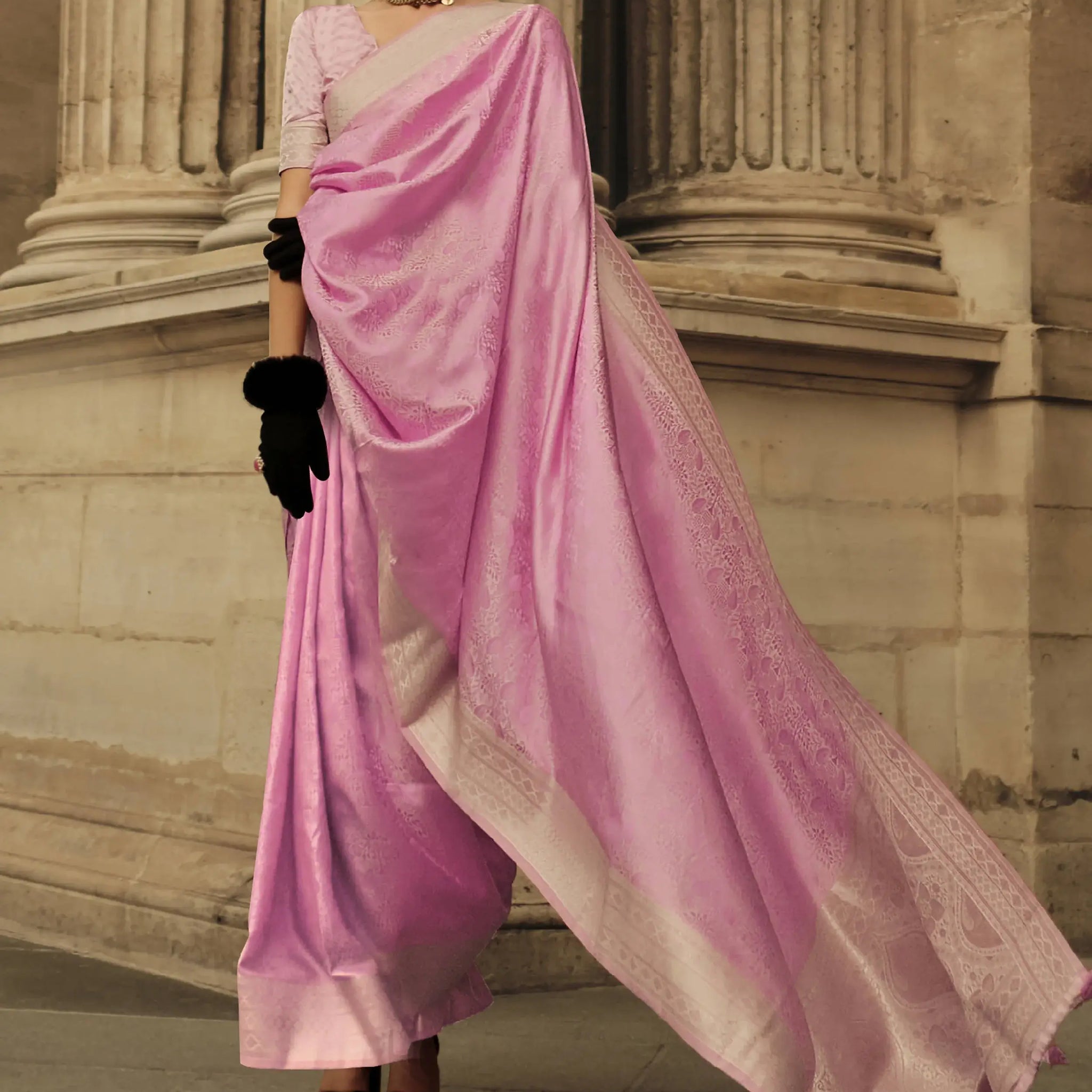 Alluring Pink Handloom Weaving Party Wear Satin Saree With Blouse - Zeel Clothing