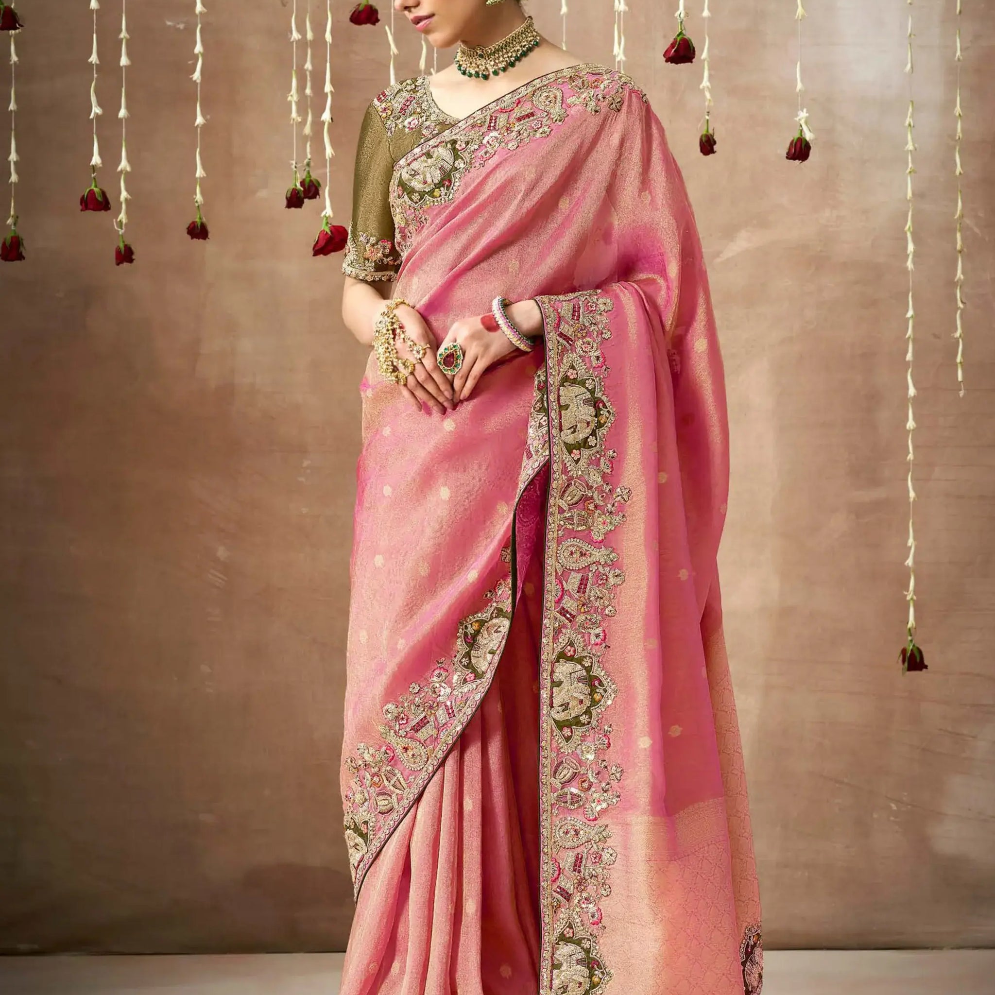 Alluring Pink Heavy Border Work Silk Wedding Saree With Blouse - Zeel Clothing