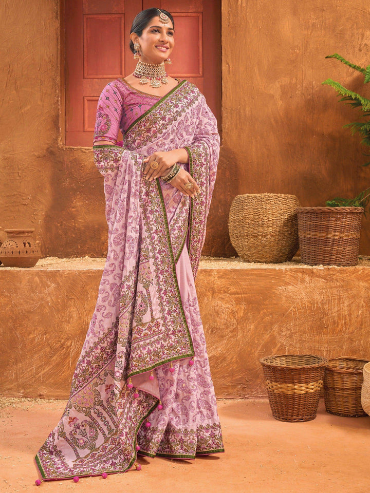 Alluring Pink Mirror Work Banarasi Silk Wedding Wear Saree With Blouse - Zeel Clothing