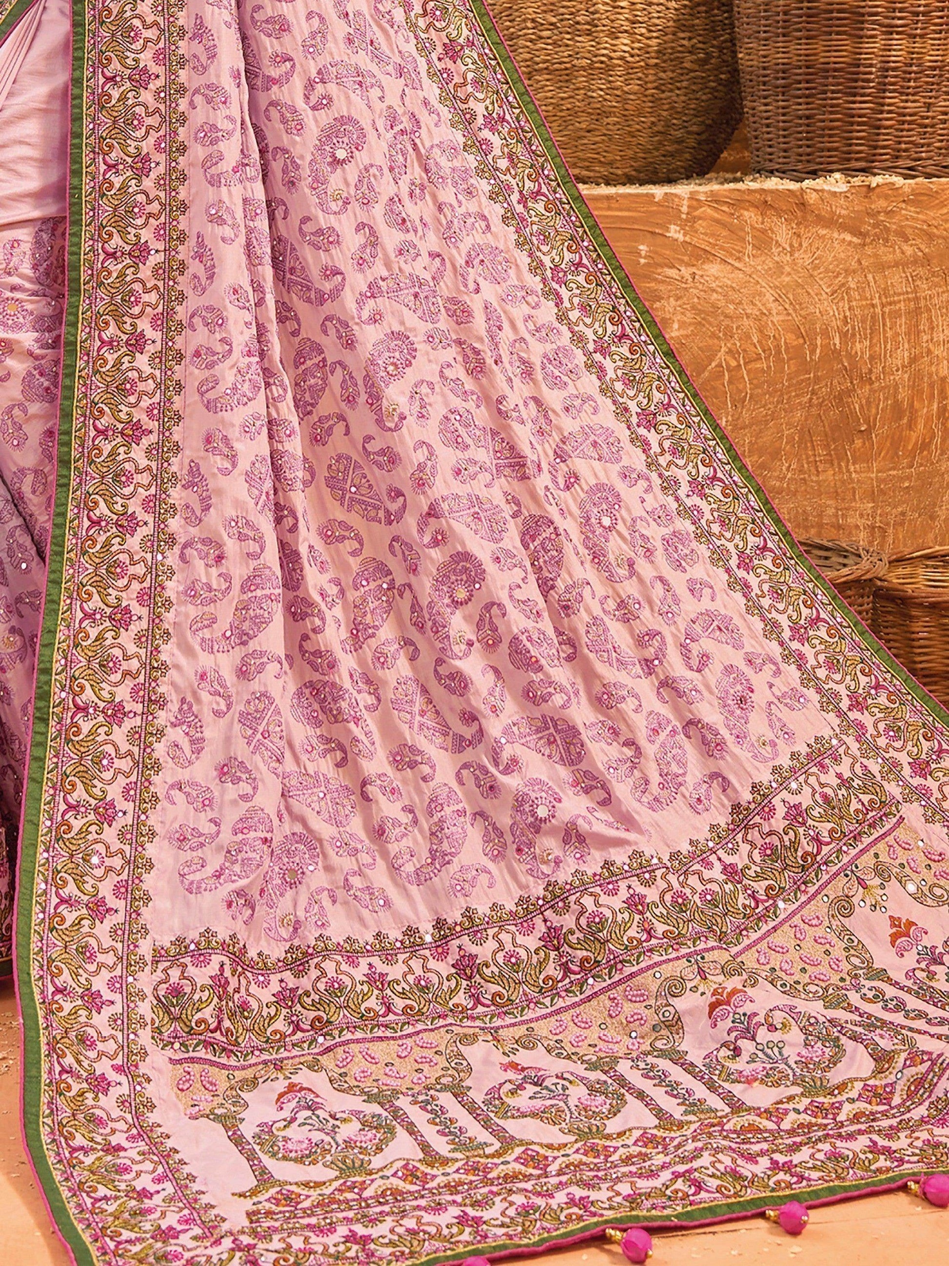 Alluring Pink Mirror Work Banarasi Silk Wedding Wear Saree With Blouse - Zeel Clothing