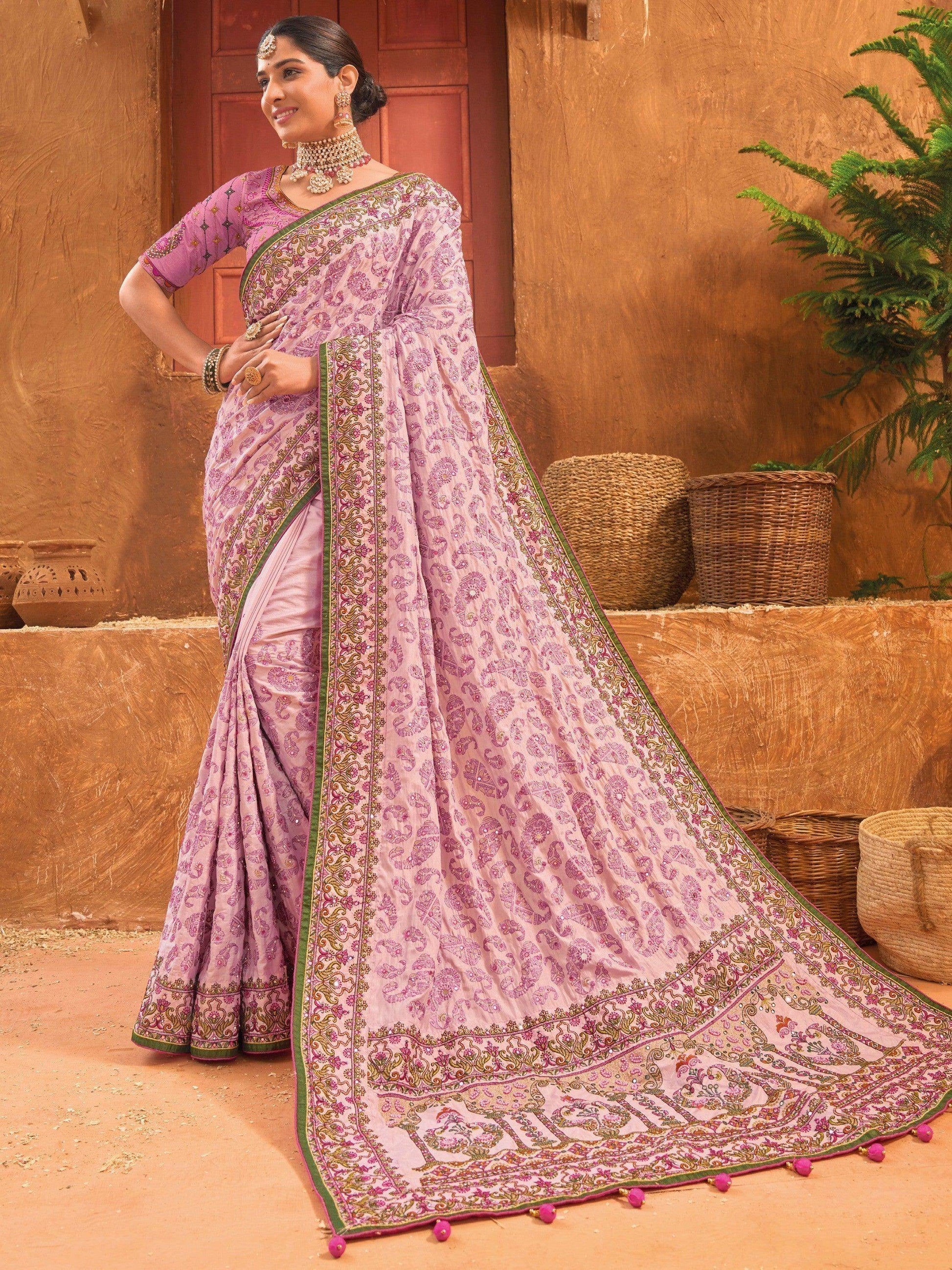 Alluring Pink Mirror Work Banarasi Silk Wedding Wear Saree With Blouse - Zeel Clothing