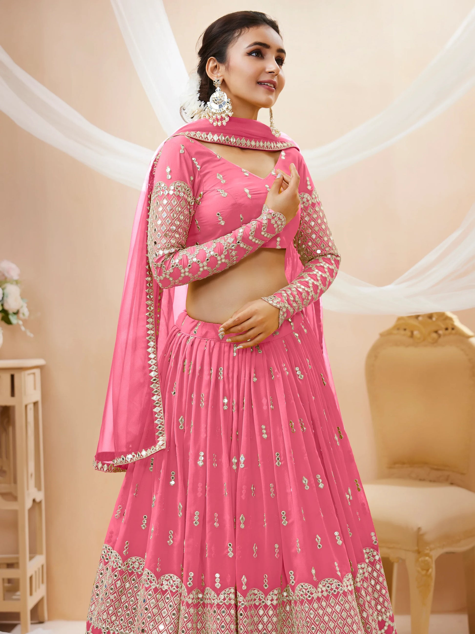 Alluring Pink Sequins Georgette Bridesmaid Lehenga Choli With Dupatta - Zeel Clothing