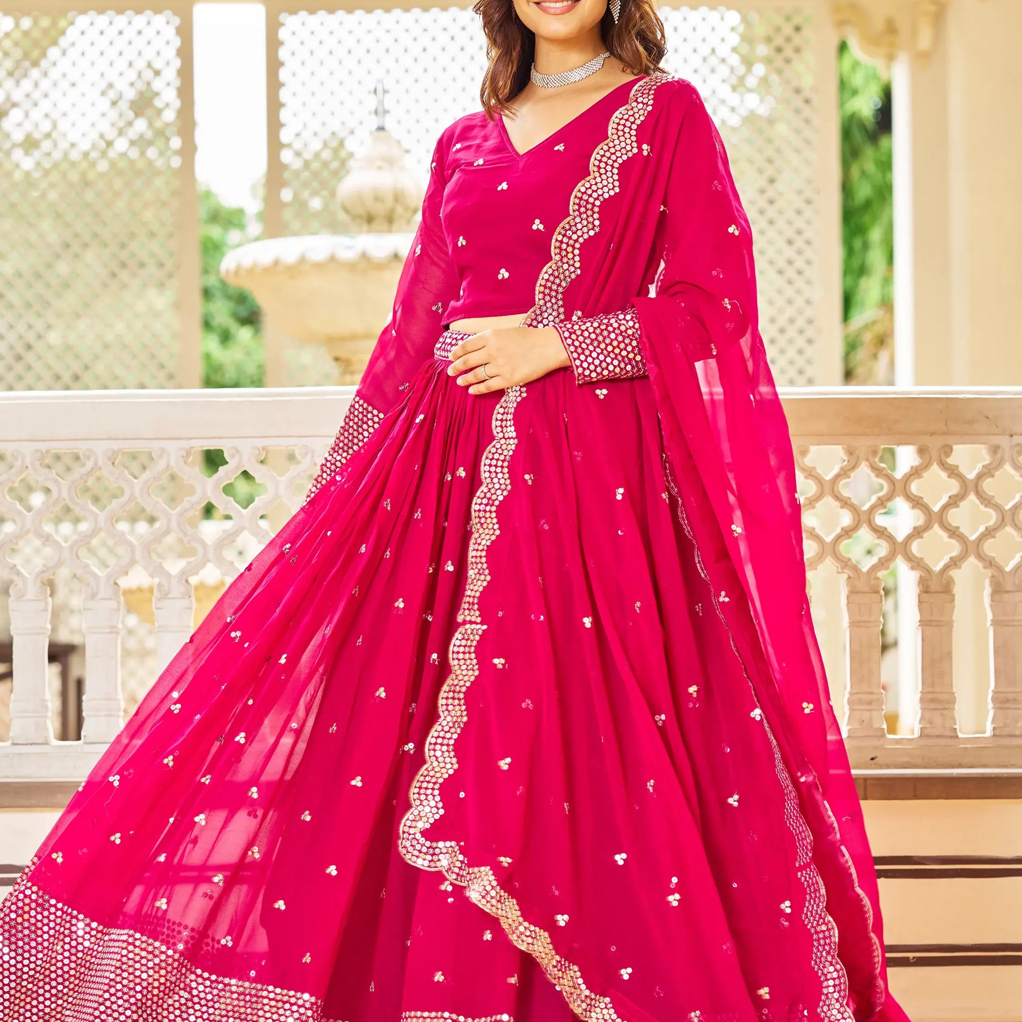 Alluring Pink Sequins Georgette Engagement Wear Lehenga Choli - Zeel Clothing