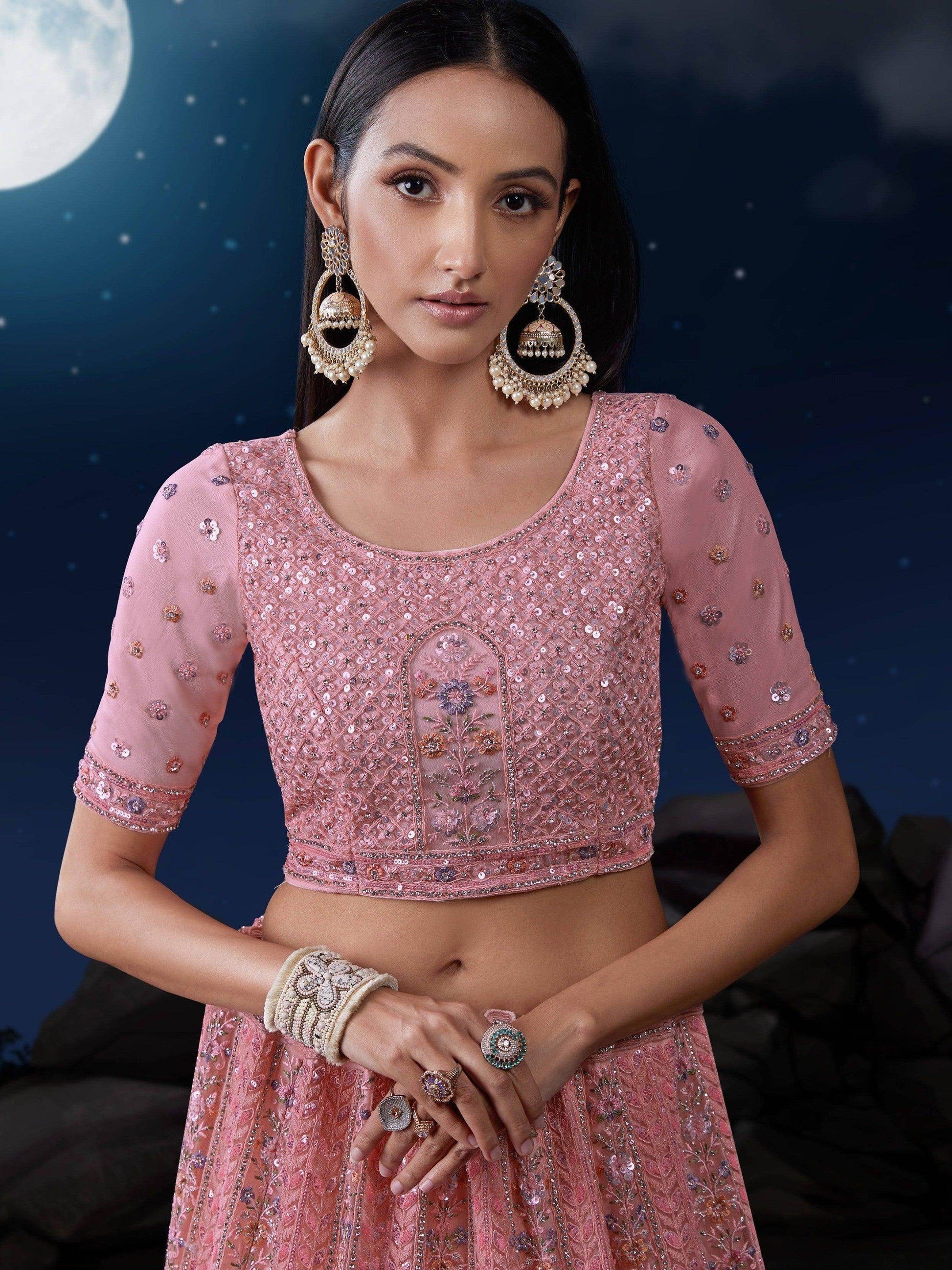 Alluring Pink Sequins Net Bridesmaid Lehenga Choli With Dupatta - Zeel Clothing