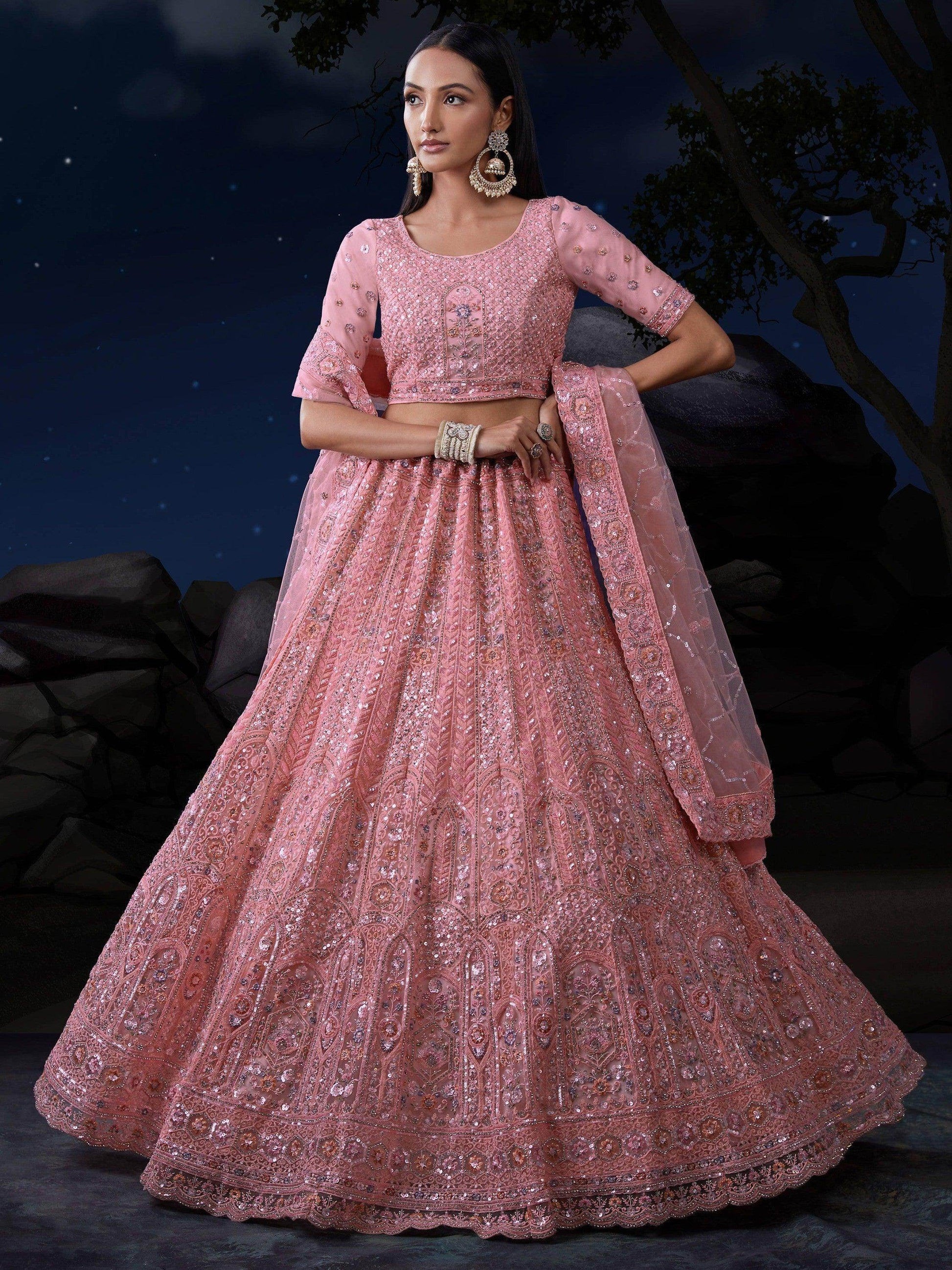 Alluring Pink Sequins Net Bridesmaid Lehenga Choli With Dupatta - Zeel Clothing
