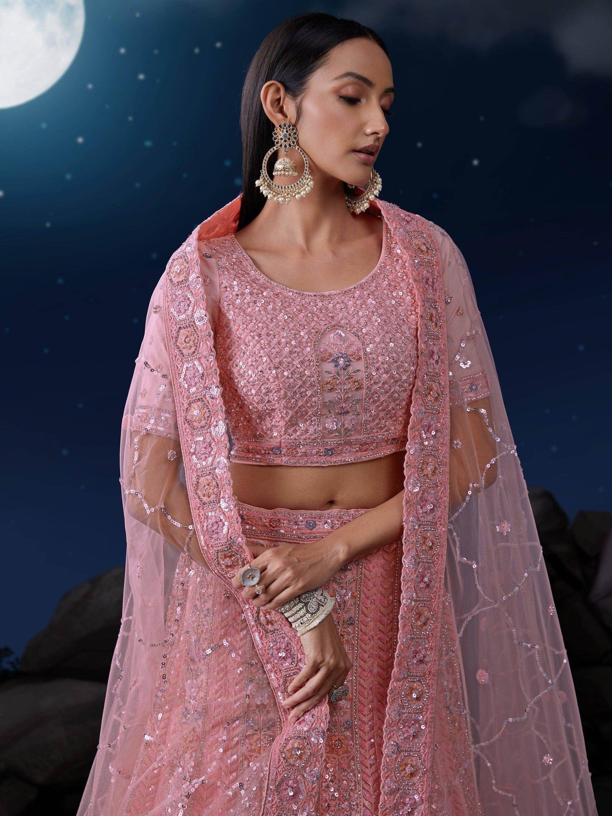 Alluring Pink Sequins Net Bridesmaid Lehenga Choli With Dupatta - Zeel Clothing