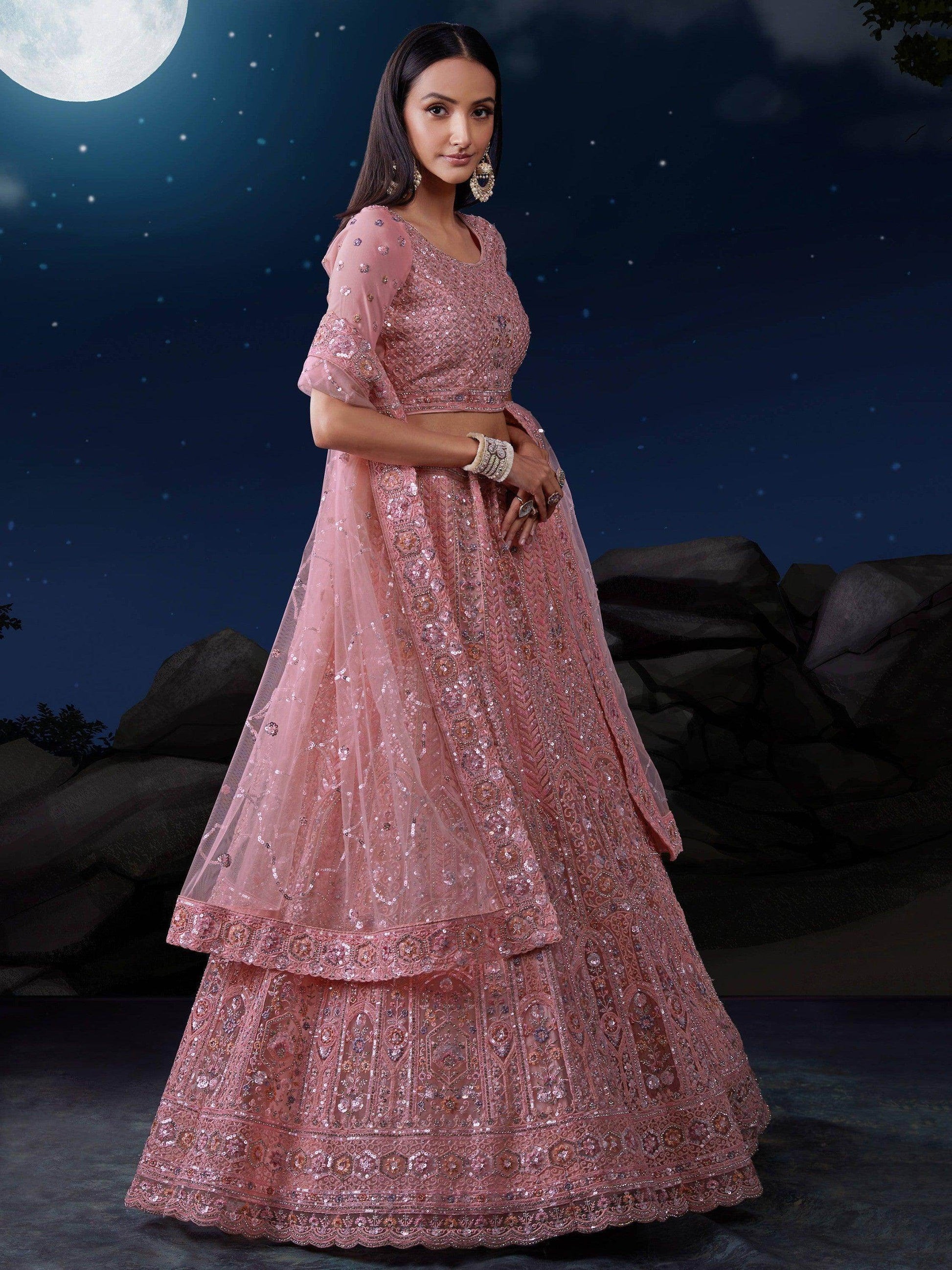 Alluring Pink Sequins Net Bridesmaid Lehenga Choli With Dupatta - Zeel Clothing