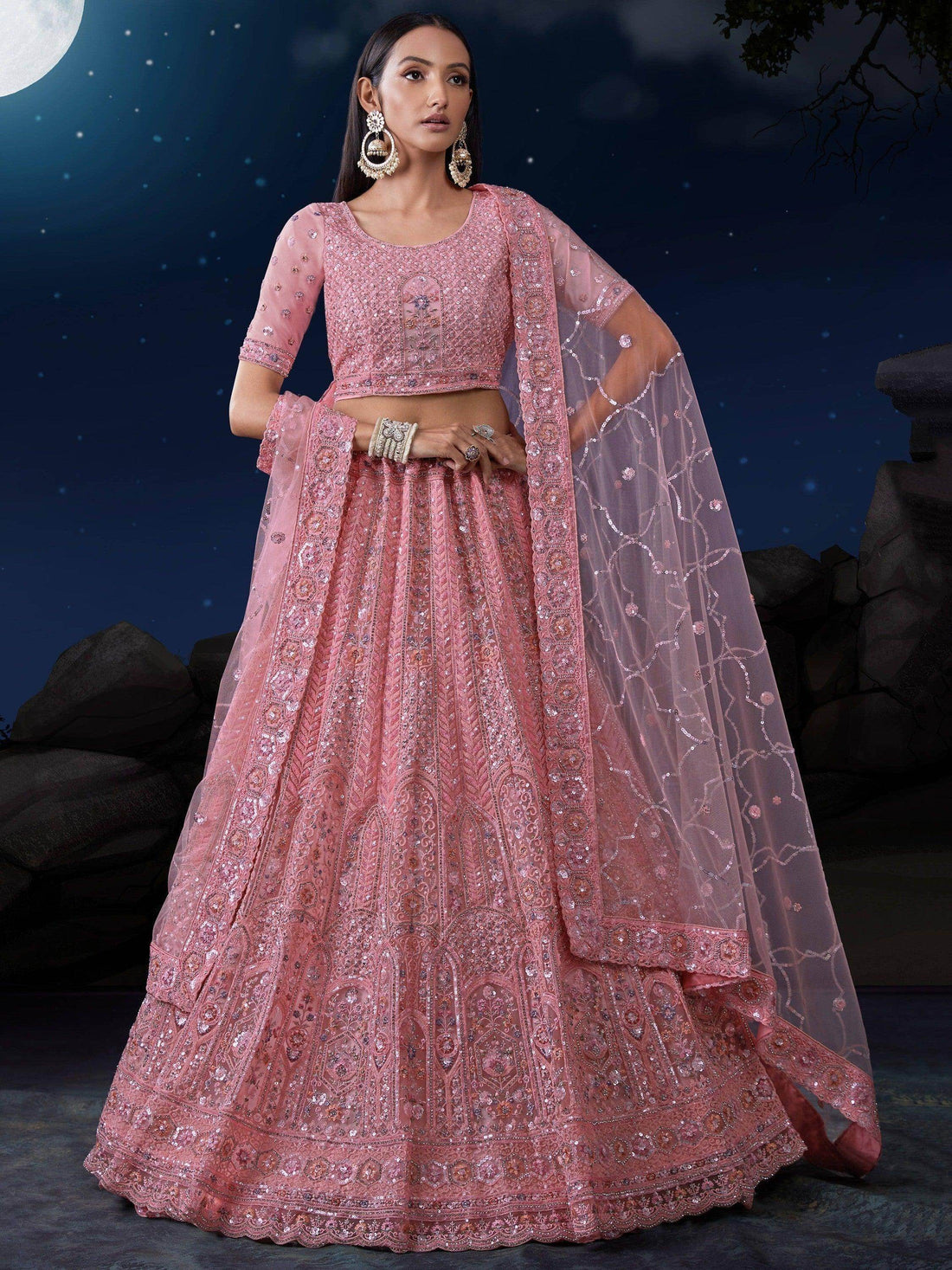 Alluring Pink Sequins Net Bridesmaid Lehenga Choli With Dupatta - Zeel Clothing