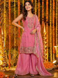 Alluring Pink Sequins Work Silk Wedding Wear Palazzo Suit With Dupatta