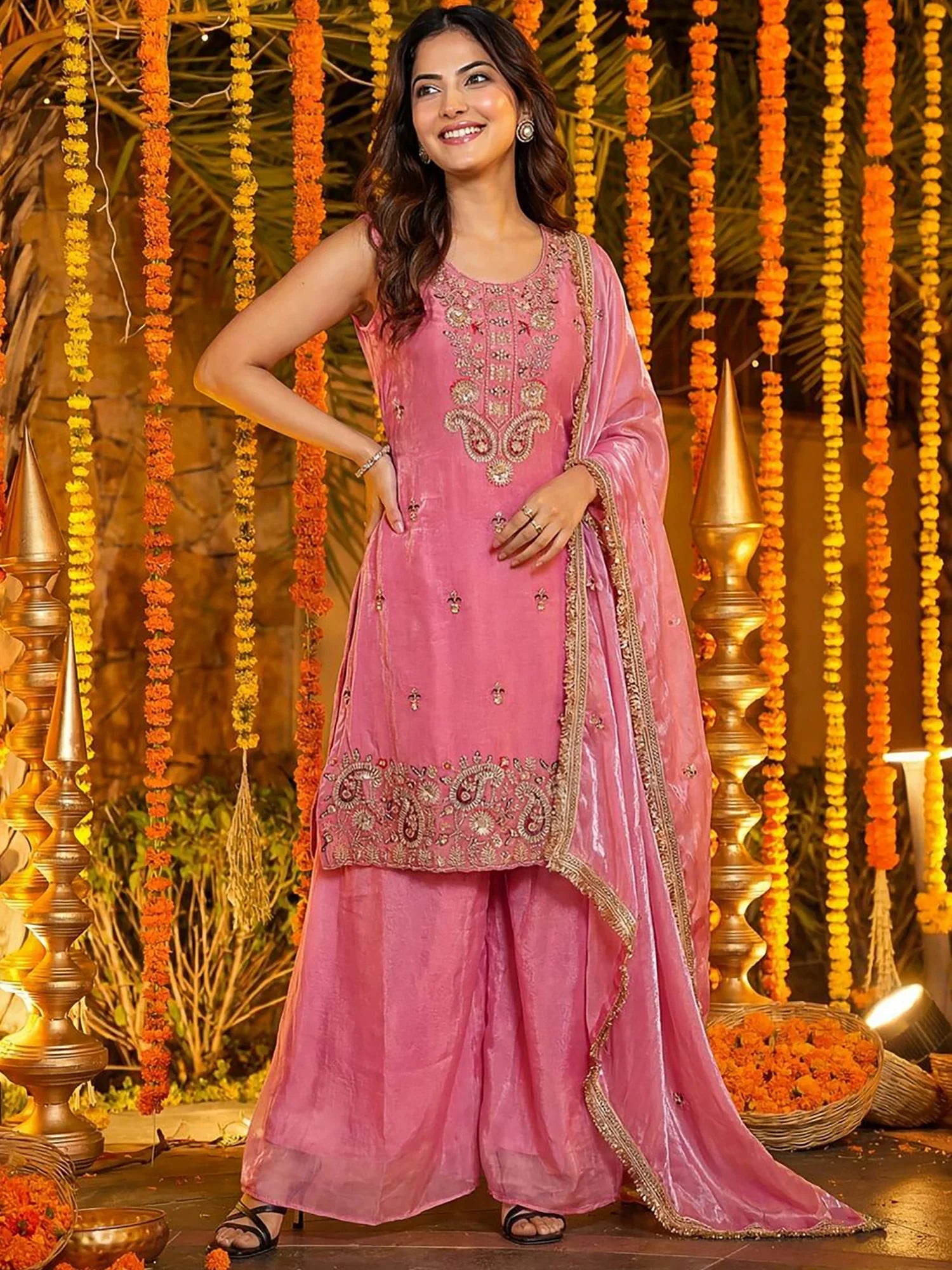 Alluring Pink Sequins Work Silk Wedding Wear Palazzo Suit With Dupatta