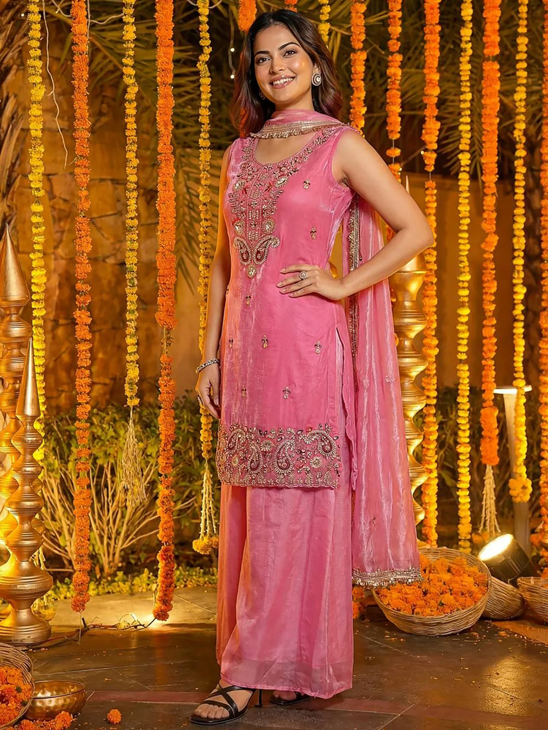 Alluring Pink Sequins Work Silk Wedding Wear Palazzo Suit With Dupatta