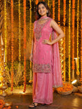 Alluring Pink Sequins Work Silk Wedding Wear Palazzo Suit With Dupatta
