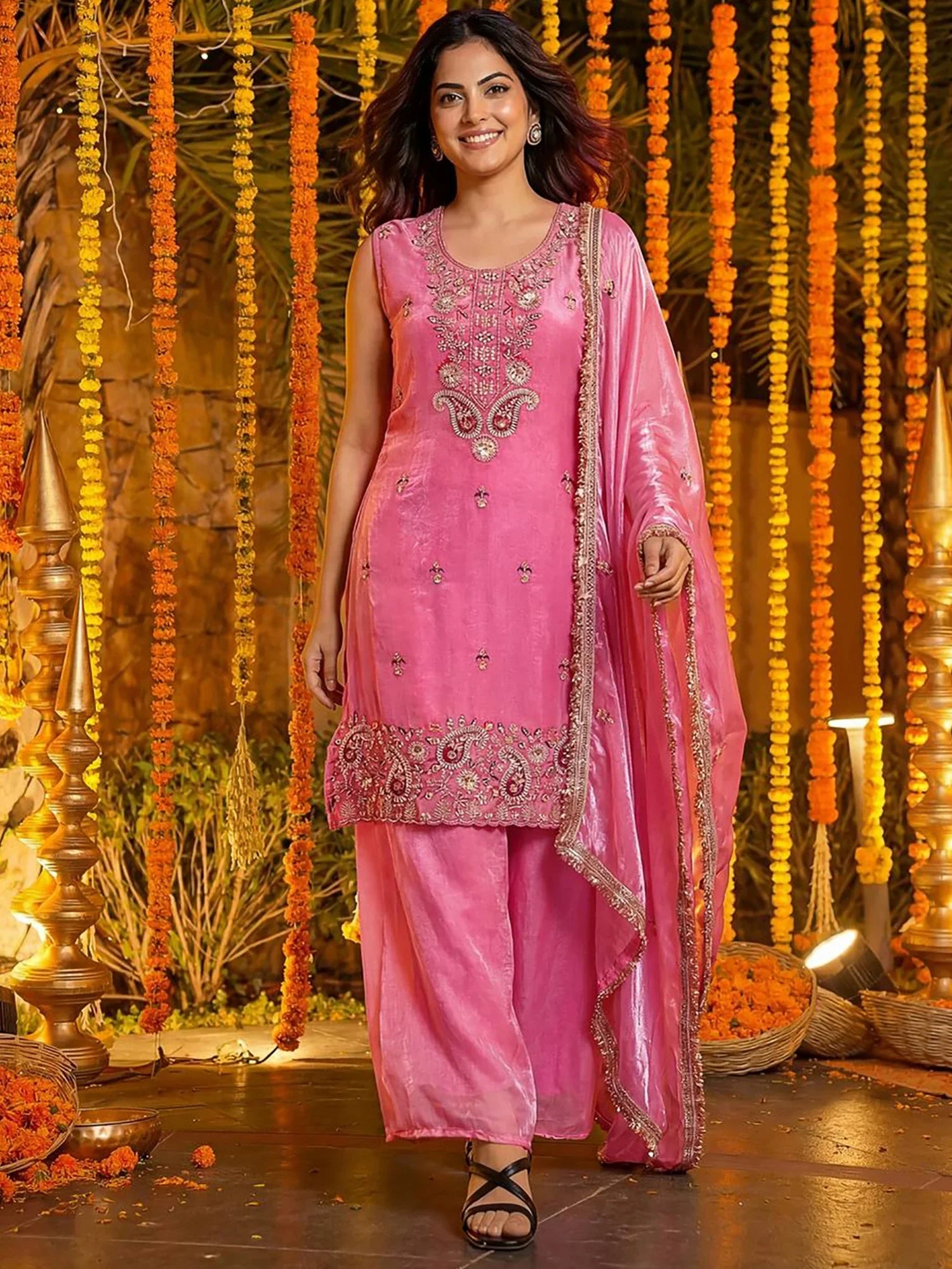 Alluring Pink Sequins Work Silk Wedding Wear Palazzo Suit With Dupatta