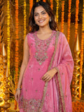 Alluring Pink Sequins Work Silk Wedding Wear Palazzo Suit With Dupatta