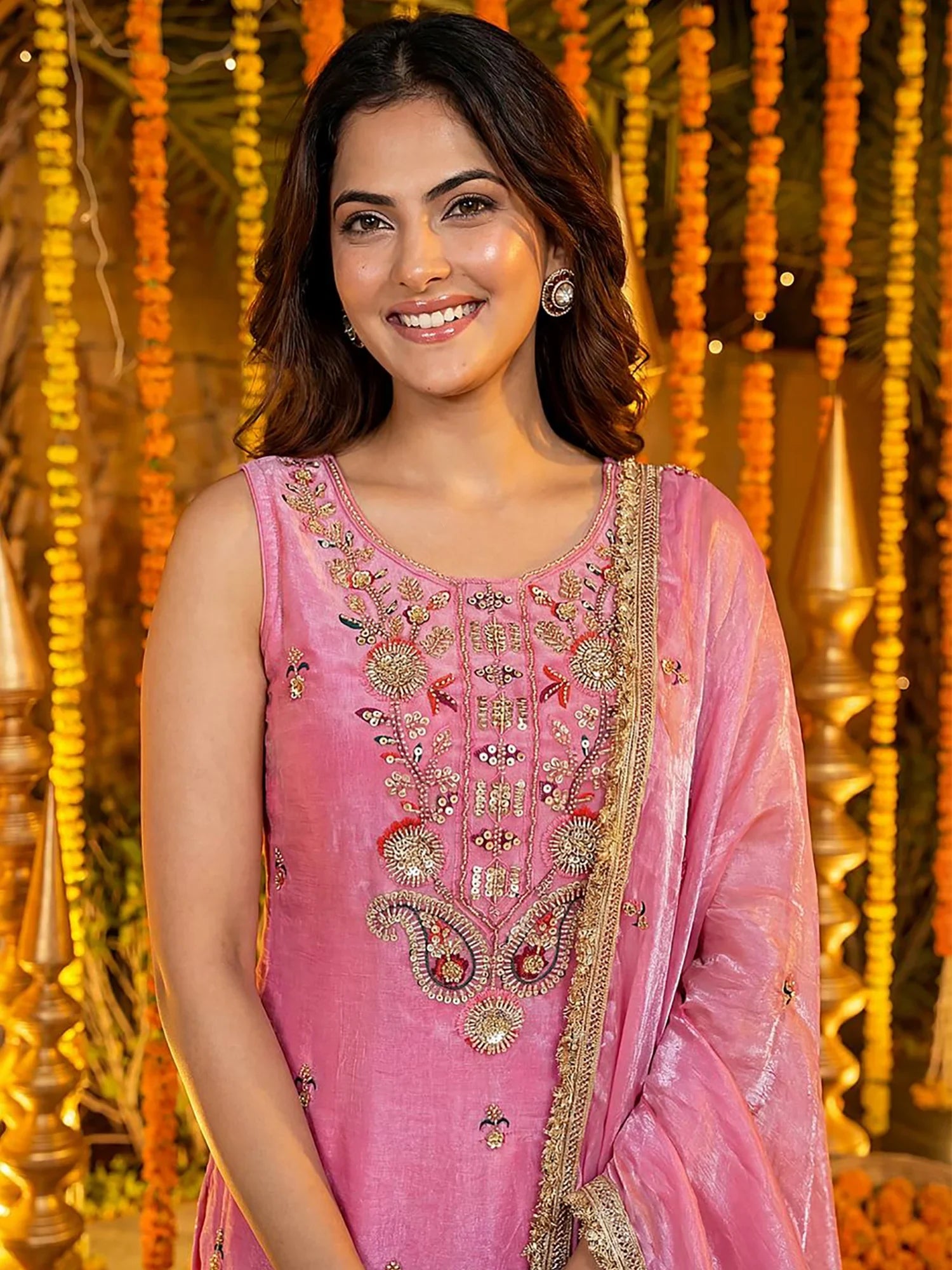 Alluring Pink Sequins Work Silk Wedding Wear Palazzo Suit With Dupatta