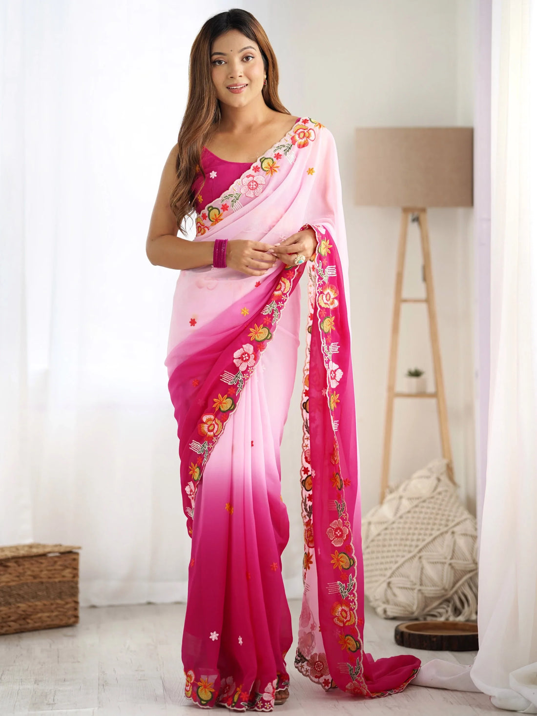 Alluring Pink Thread Embroidered Georgette Saree With Blouse - Zeel Clothing