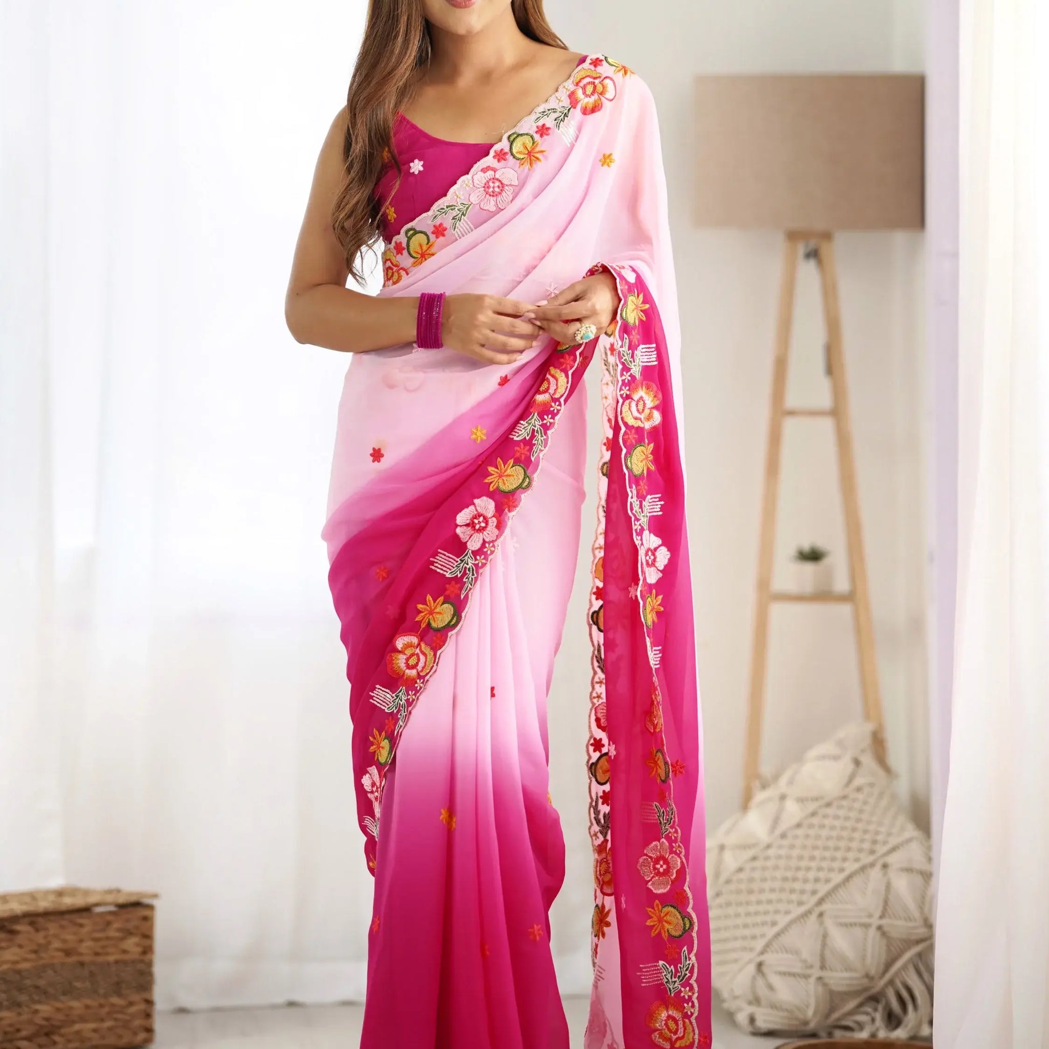 Alluring Pink Thread Embroidered Georgette Saree With Blouse - Zeel Clothing