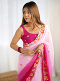 Alluring Pink Thread Embroidered Georgette Saree With Blouse - Zeel Clothing