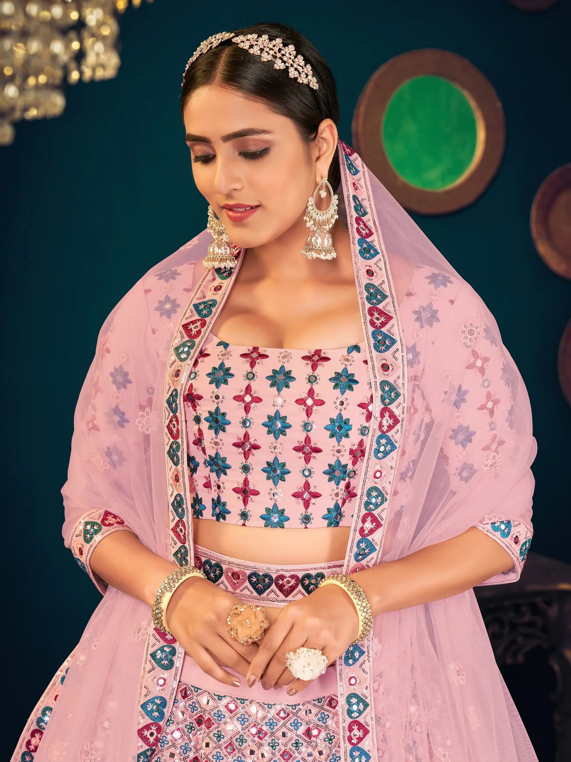 Alluring Pink Thread Work Georgette Engagement Wear Lehenga Choli - Zeel Clothing