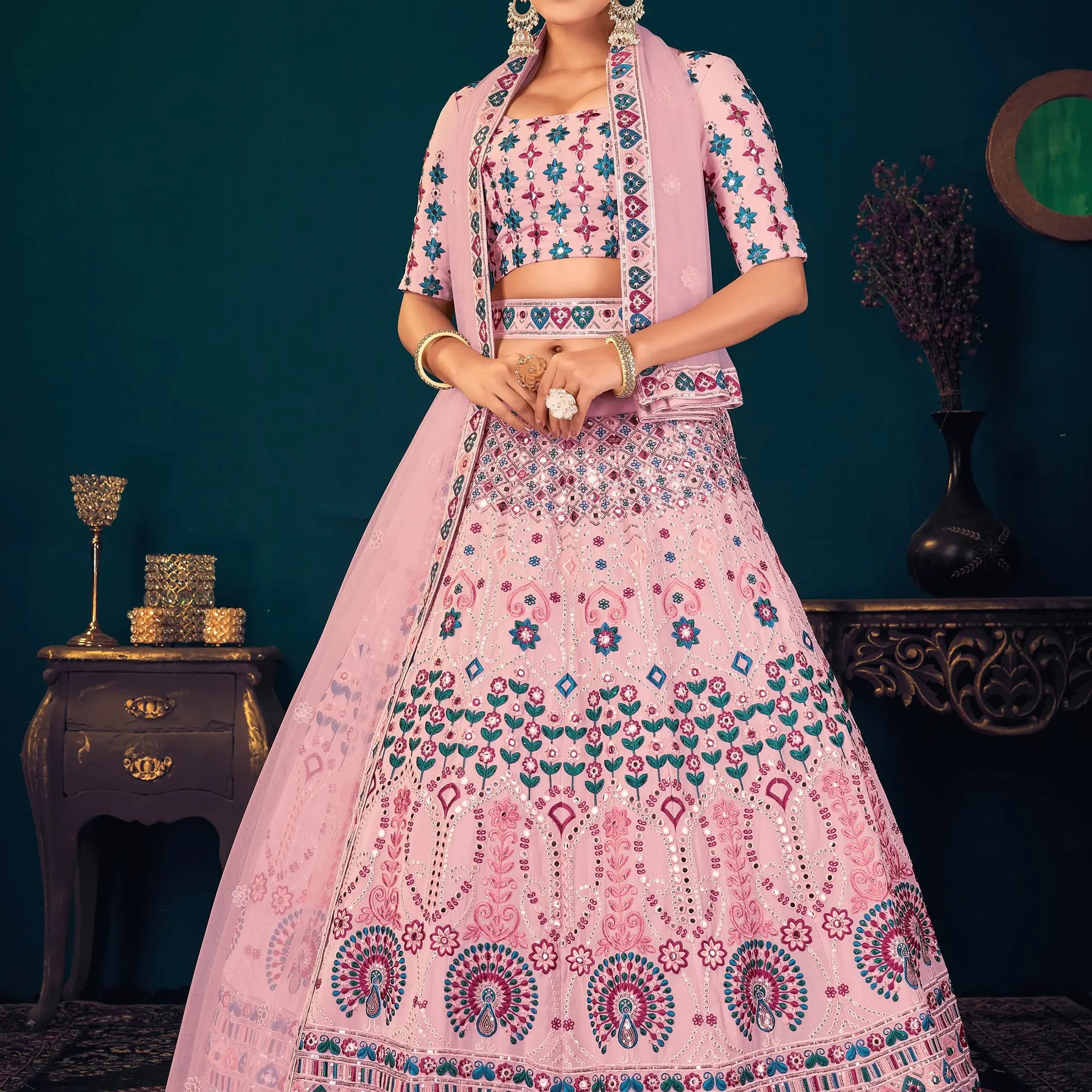 Alluring Pink Thread Work Georgette Engagement Wear Lehenga Choli - Zeel Clothing