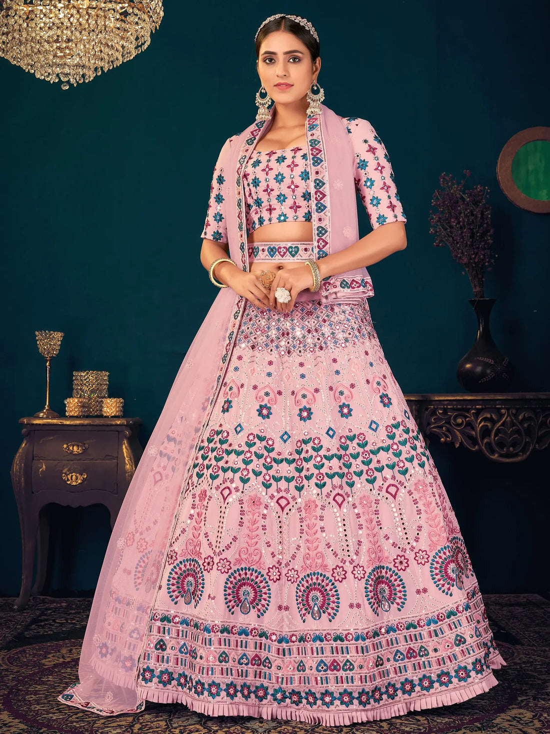 Alluring Pink Thread Work Georgette Engagement Wear Lehenga Choli - Zeel Clothing