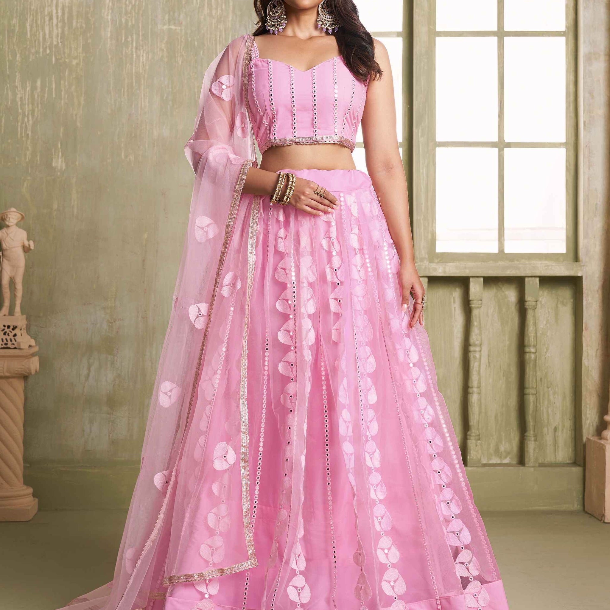 Alluring Pink Thread Work Net Bridesmaid Lehenga Choli With Dupatta - Zeel Clothing