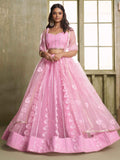Alluring Pink Thread Work Net Bridesmaid Lehenga Choli With Dupatta - Zeel Clothing