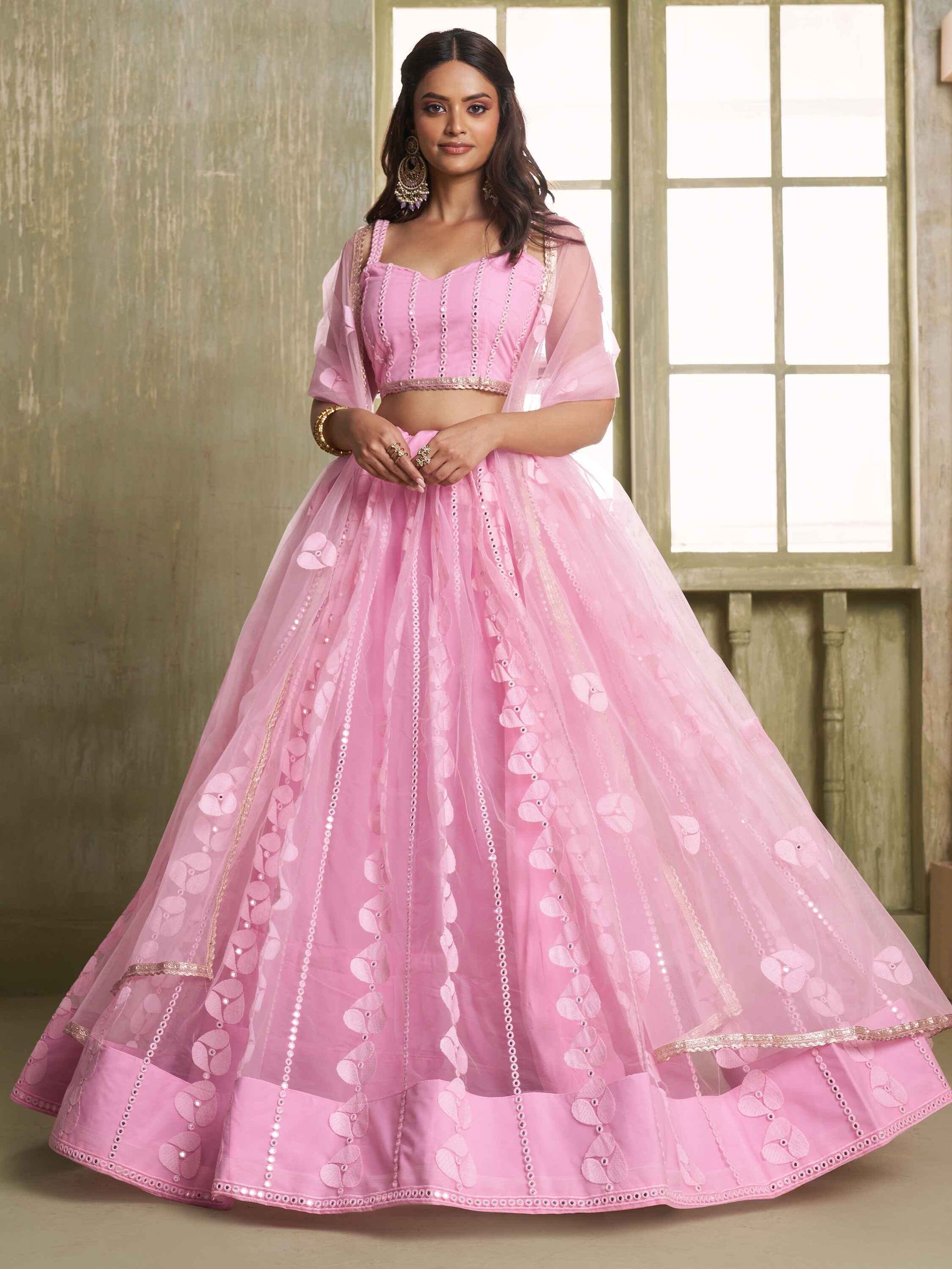 Alluring Pink Thread Work Net Bridesmaid Lehenga Choli With Dupatta - Zeel Clothing