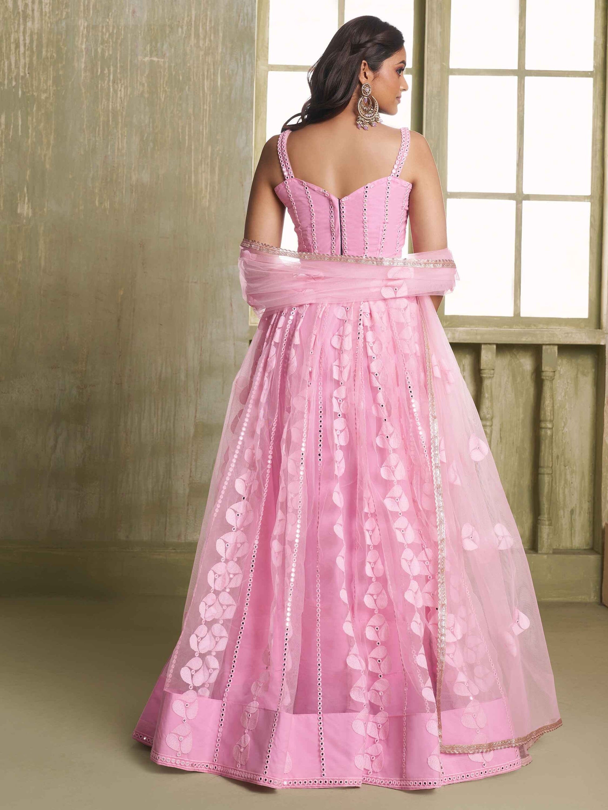 Alluring Pink Thread Work Net Bridesmaid Lehenga Choli With Dupatta - Zeel Clothing