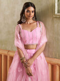 Alluring Pink Thread Work Net Bridesmaid Lehenga Choli With Dupatta - Zeel Clothing