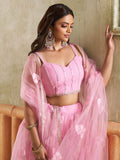 Alluring Pink Thread Work Net Bridesmaid Lehenga Choli With Dupatta - Zeel Clothing