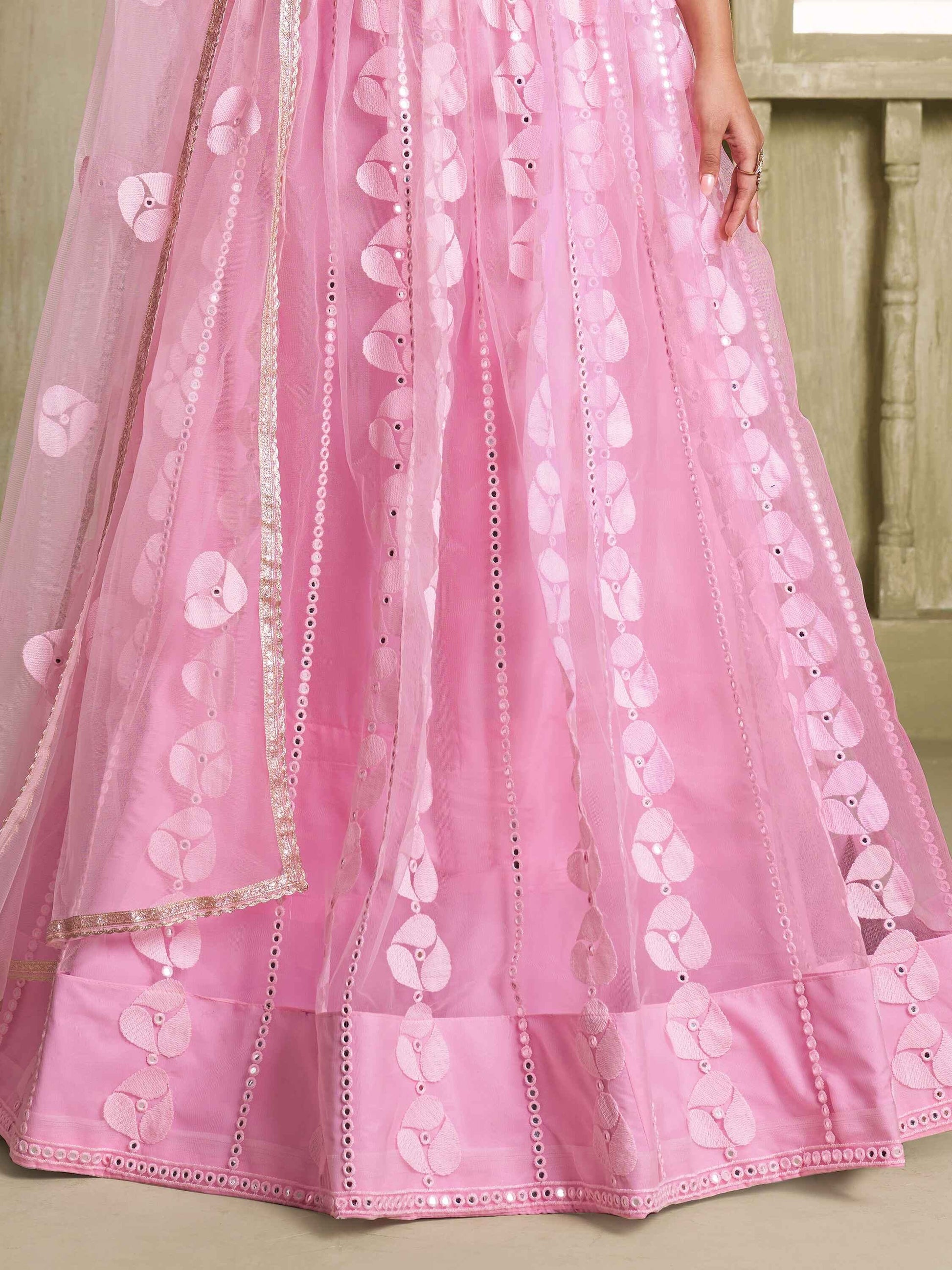 Alluring Pink Thread Work Net Bridesmaid Lehenga Choli With Dupatta - Zeel Clothing