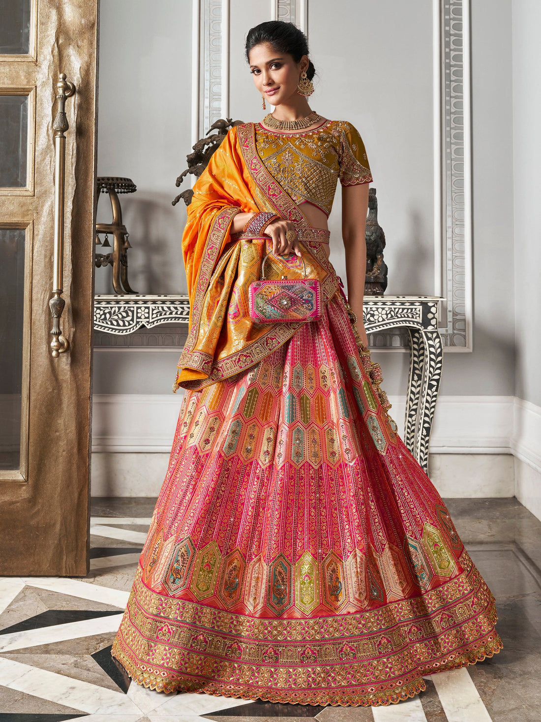 Alluring Pink Zari Weaving Banarasi Silk Wedding Wear Lehenga Choli - Zeel Clothing