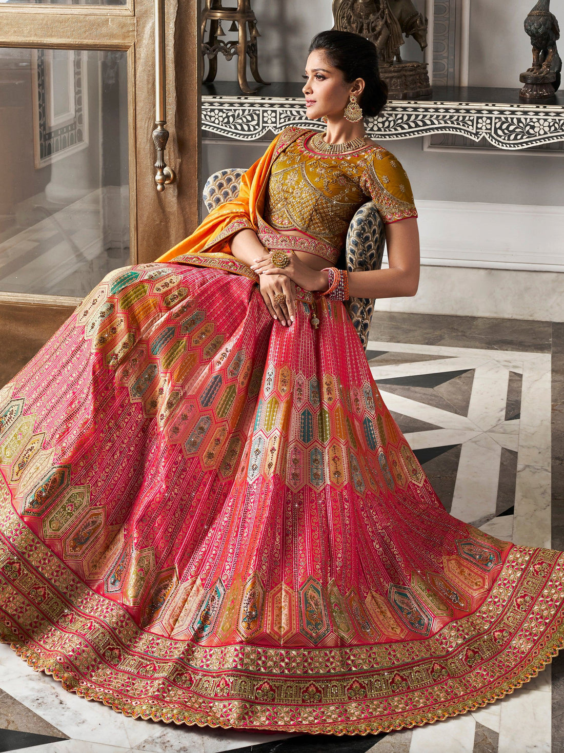 Alluring Pink Zari Weaving Banarasi Silk Wedding Wear Lehenga Choli - Zeel Clothing