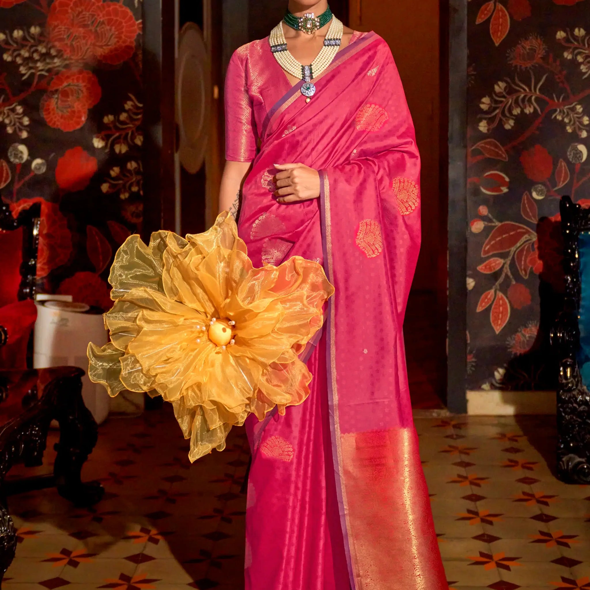 Alluring Pink Zari Weaving Silk Event Wear Saree With Blouse - Zeel Clothing