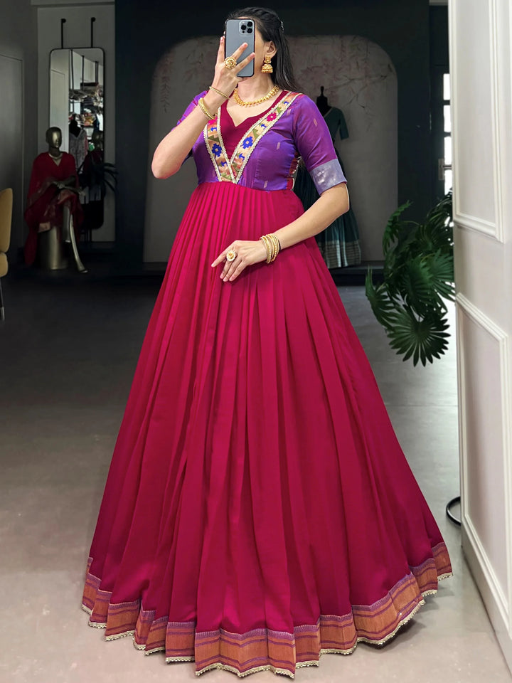 Alluring Pink Zari Weaving  Silk Festive Wear Gown