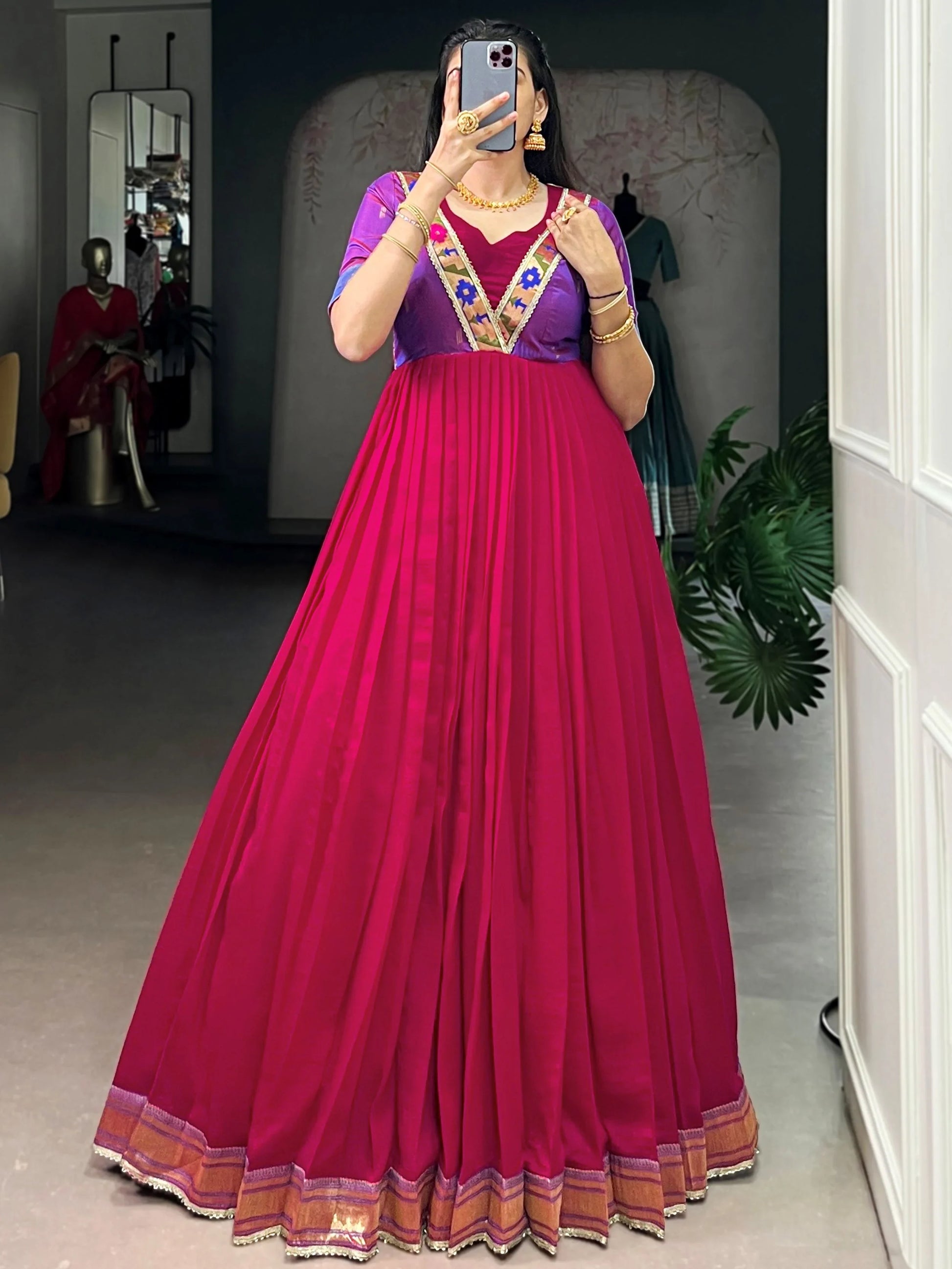 Alluring Pink Zari Weaving  Silk Festive Wear Gown