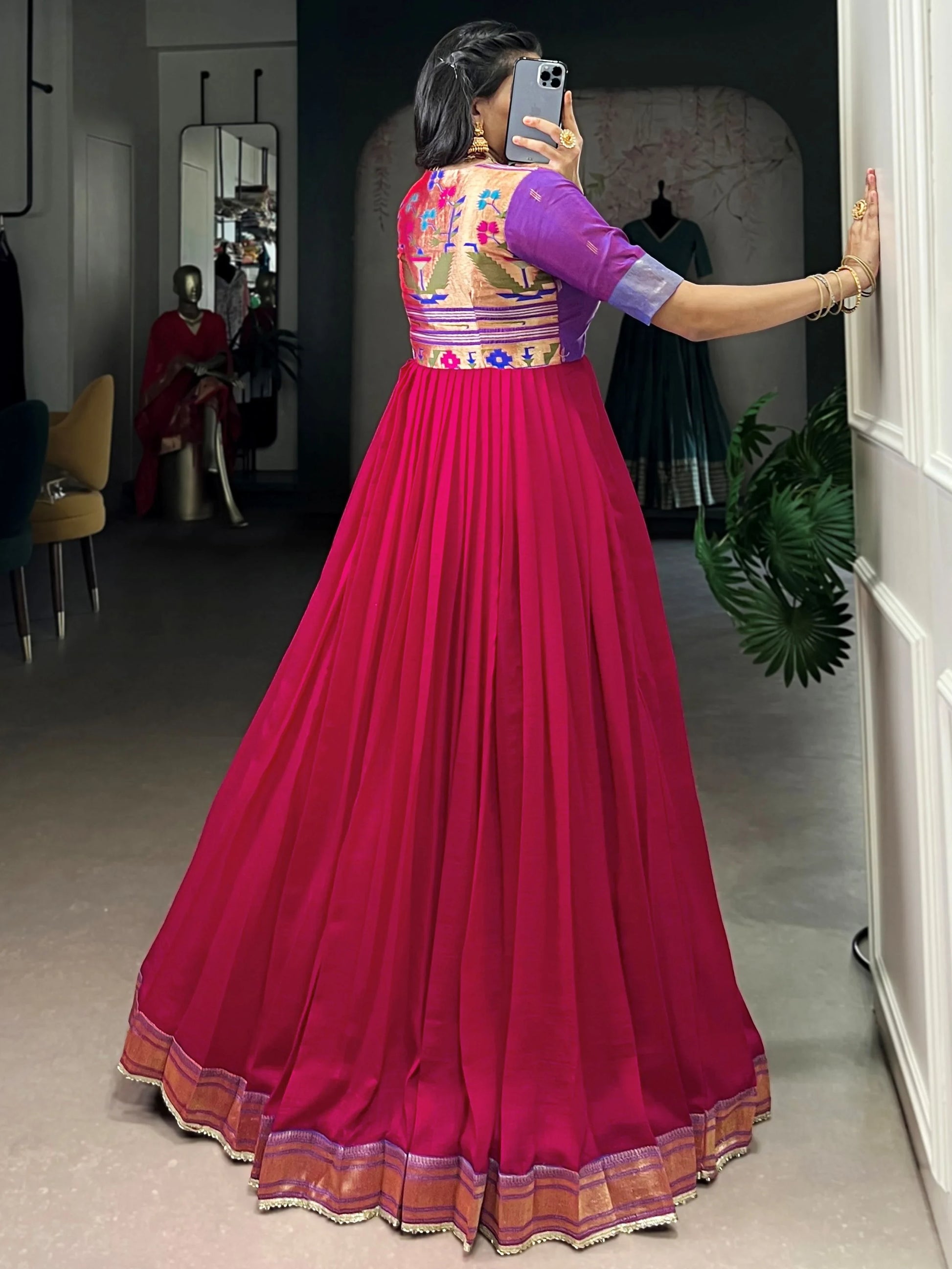 Alluring Pink Zari Weaving  Silk Festive Wear Gown