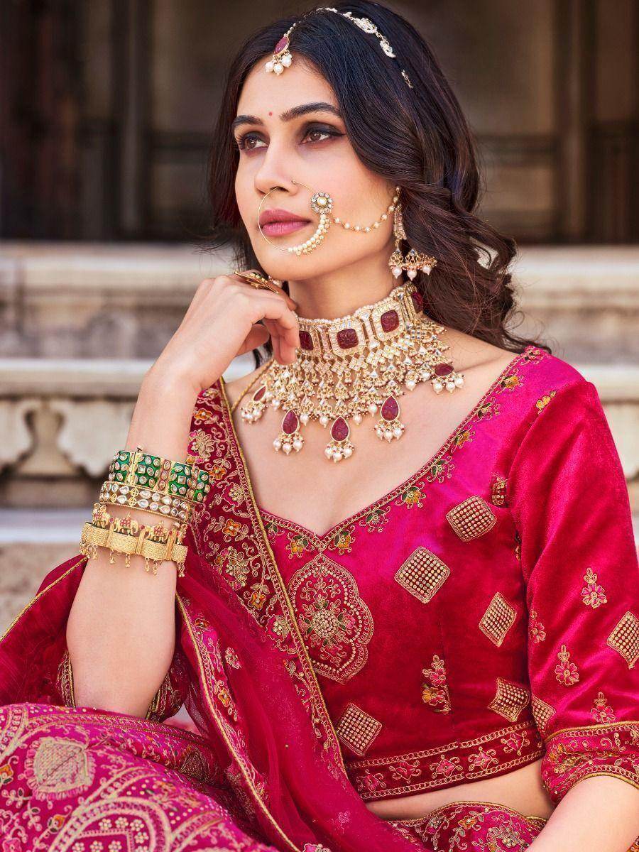 Alluring Pink Zarkan Work Velvet Bridal Wear Lehenga Choli - Zeel Clothing