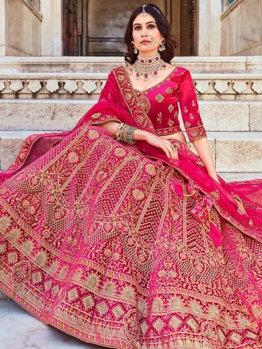 Alluring Pink Zarkan Work Velvet Bridal Wear Lehenga Choli - Zeel Clothing