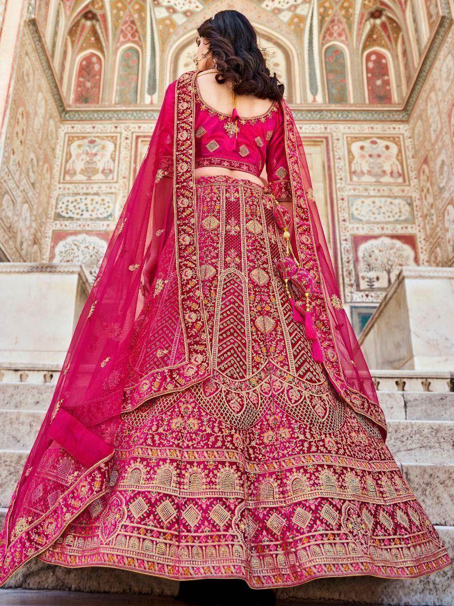 Alluring Pink Zarkan Work Velvet Bridal Wear Lehenga Choli - Zeel Clothing