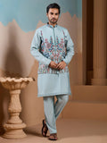 Alluring Pista Embroidered Silk Men Wedding Wear Kurta Pant With Jacket