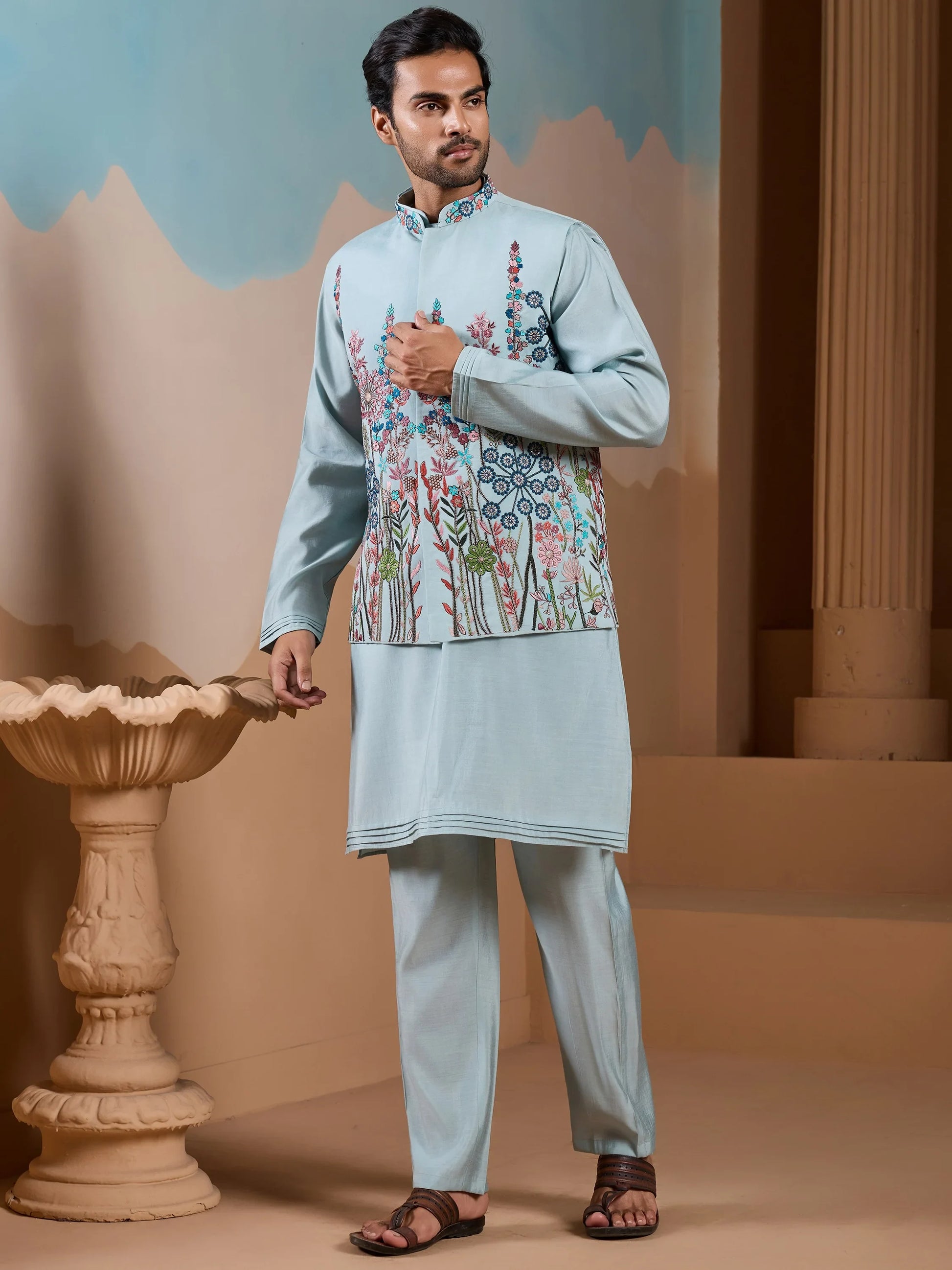Alluring Pista Embroidered Silk Men Wedding Wear Kurta Pant With Jacket