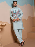 Alluring Pista Embroidered Silk Men Wedding Wear Kurta Pant With Jacket