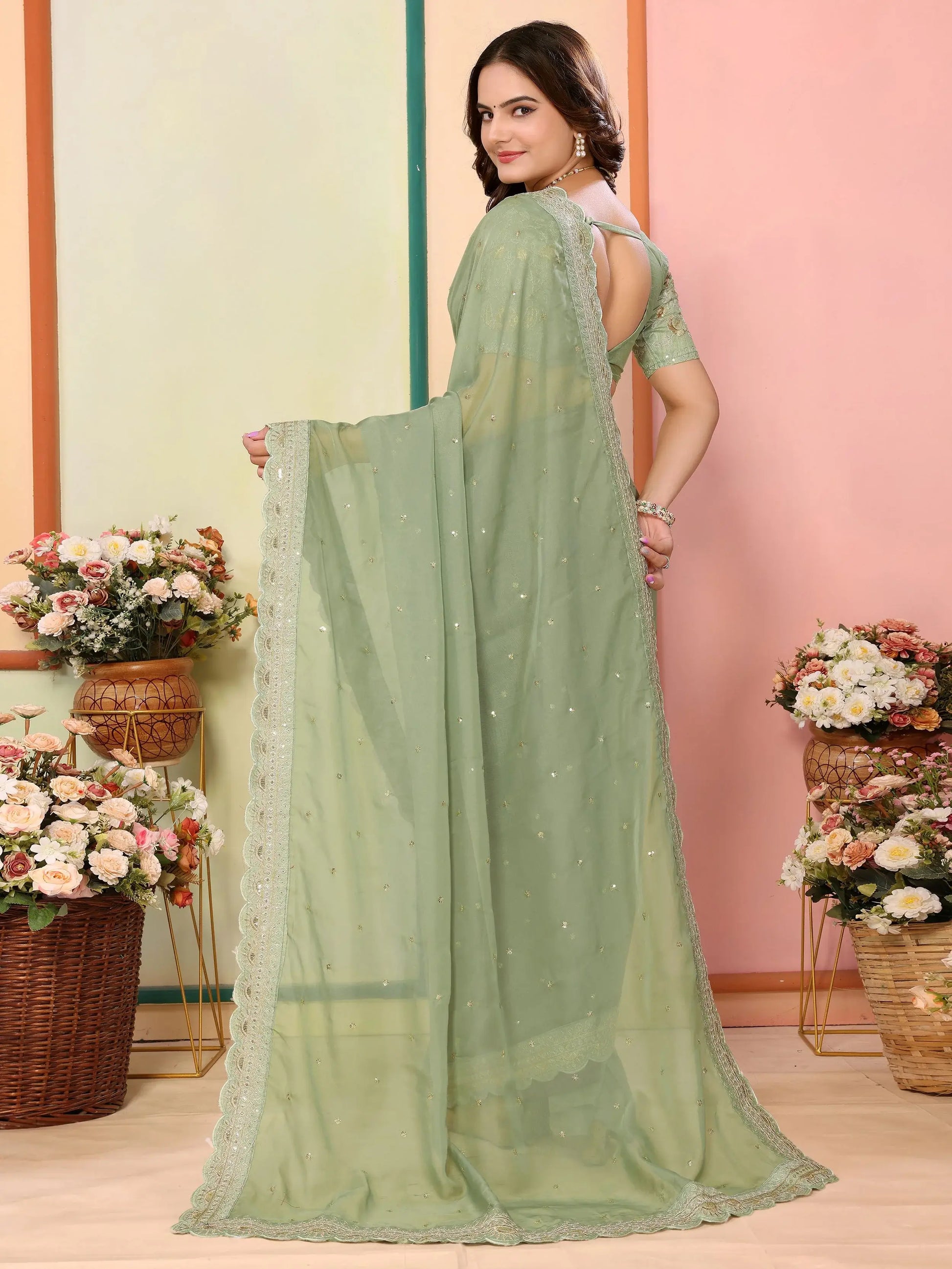 Alluring Pista Green Embroidered Organza Festive Wear Saree With Blouse - Zeel Clothing